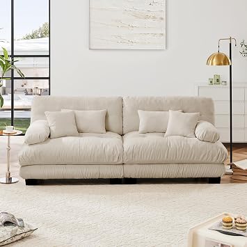 2 Seater Chenille Cloud Couch Sofa for Living Room, Soft Chenille Loveseat Sofa with 2 Lumbar Pillows and 2 Throw Pillows, Deep Seat Couch for Small Space, Light Coffee
