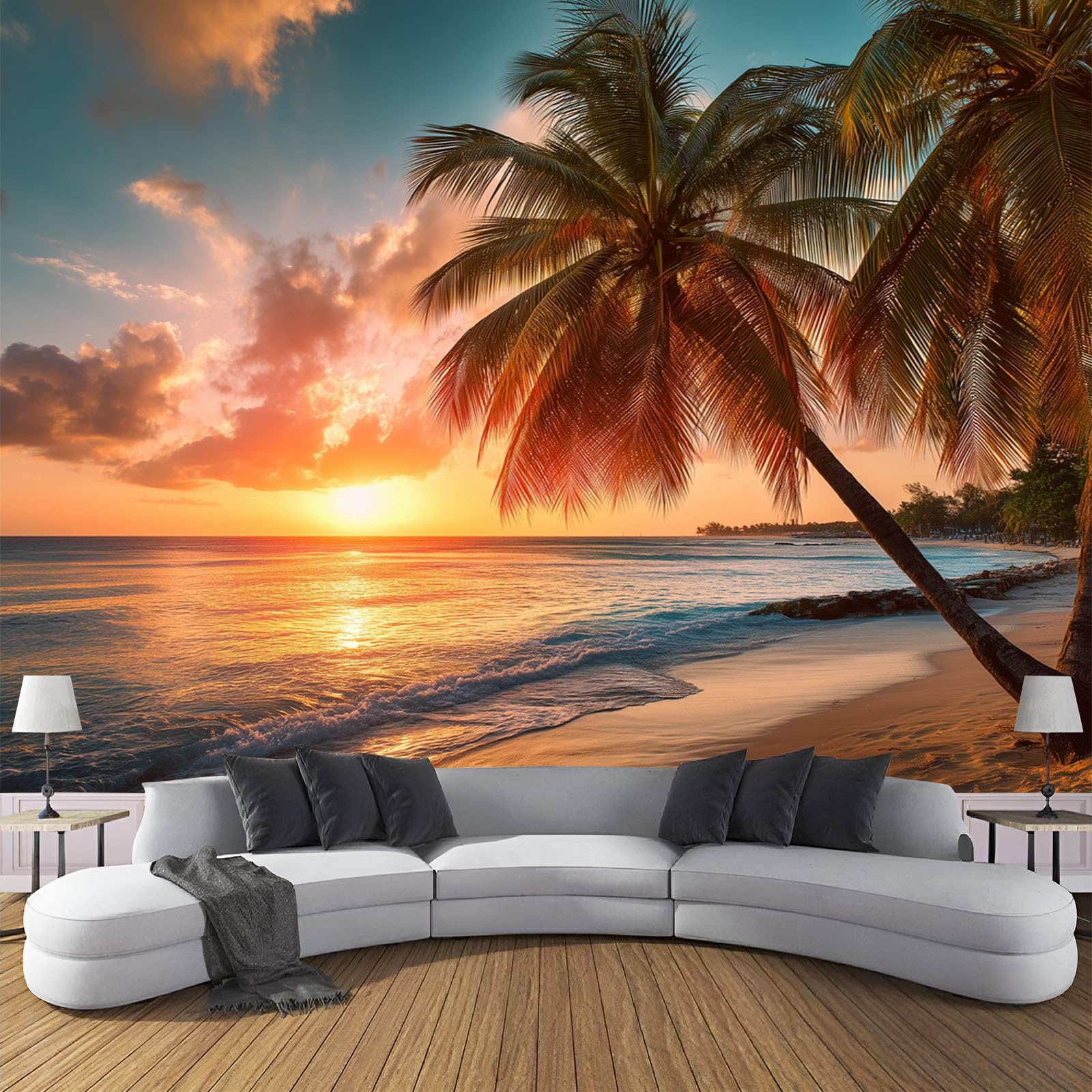 Papier peint motif palmier coucher du soleil pour illuminer un mur sombre