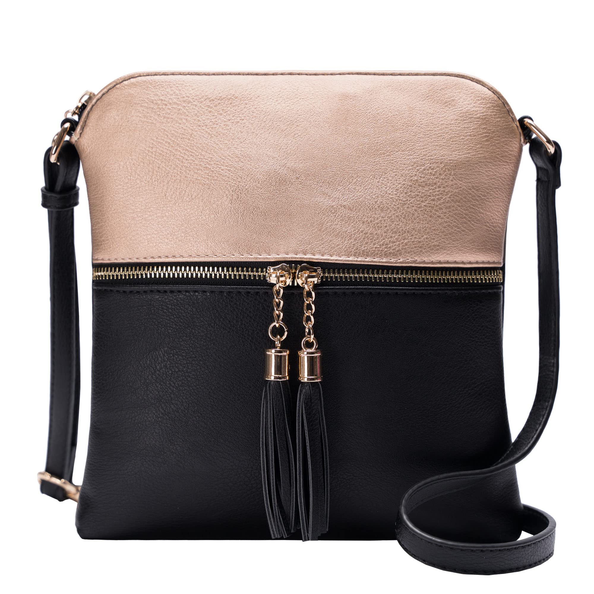 Solene Womens Lightweight Medium Crossbody Purse with Tassel, Perfect Size Crossbody Bags for Daily Use, travel, Rose Gold/Black, M