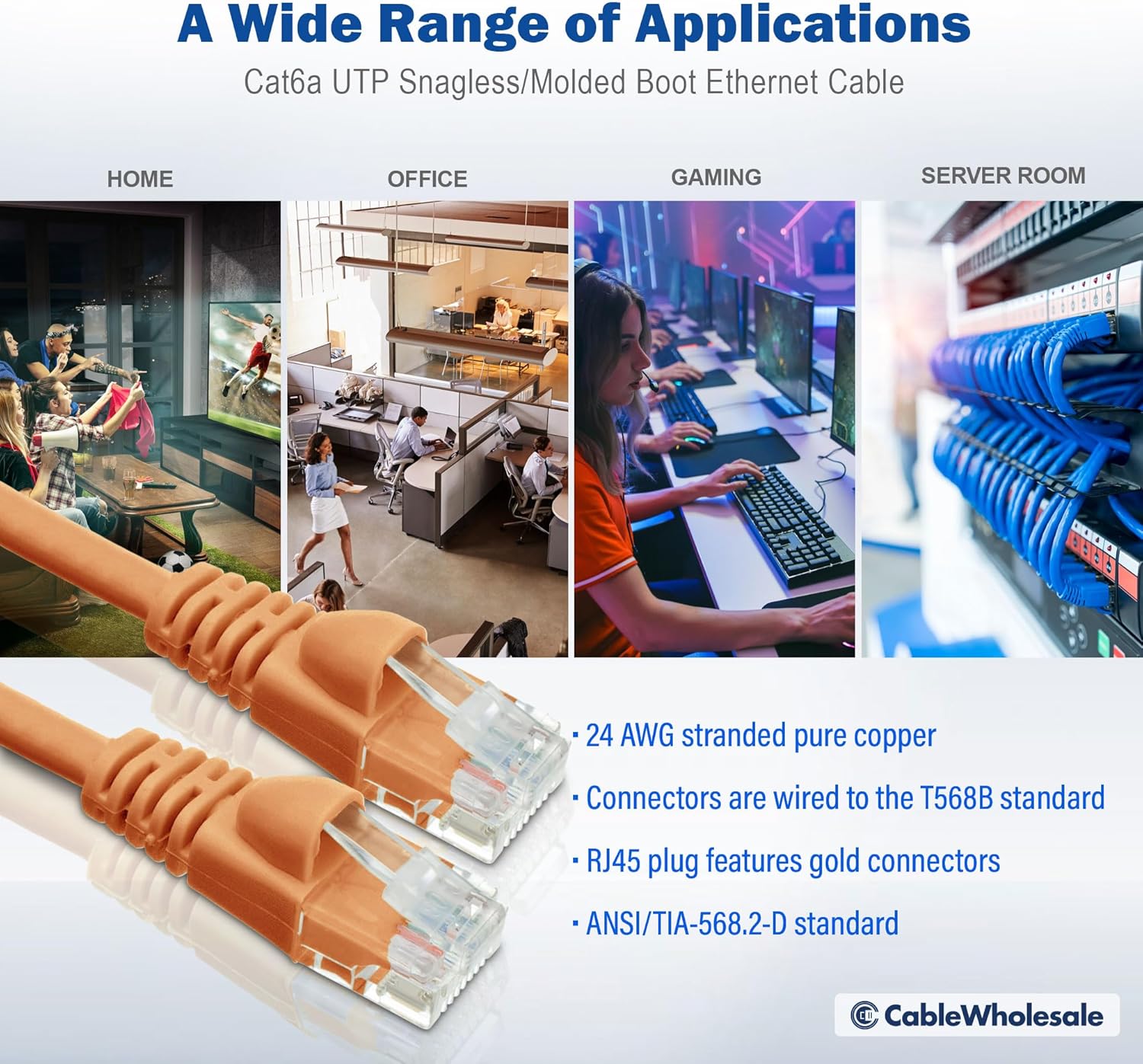 CableWholesale 35 Foot Orange Cat6a Ethernet Patch Cable, Snagless/Boot with RJ45 Connector, 500 MHz, 24 AWG, UTP(Unshielded Twisted Pair) Stranded Copper, Internet Patch Cable