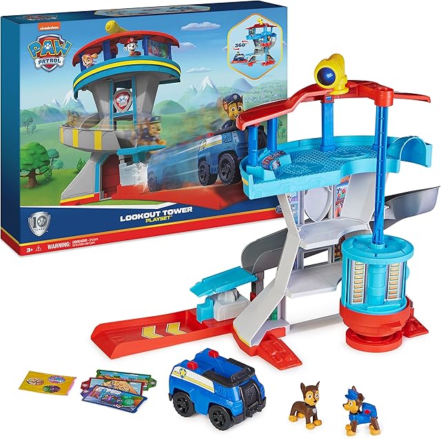 Paw Patrol Lookout Tower Playset with Toy Car Launcher, 2 Chase Action Figures, Chases Police Cruiser and Accessories, Kids Toys for Ages 3 and up, Multicolor