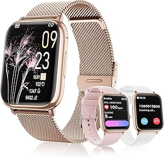 Loekneue Reloj inteligente para mujer, reloj de fitness de 1.83 pulgadas con presión arterial, llamadas/mensajes, seguimiento de ciclo femenino, frecuencia cardíaca y monitor de sueño, resistente al agua IP68 para Android y iPhone (oro rosa)