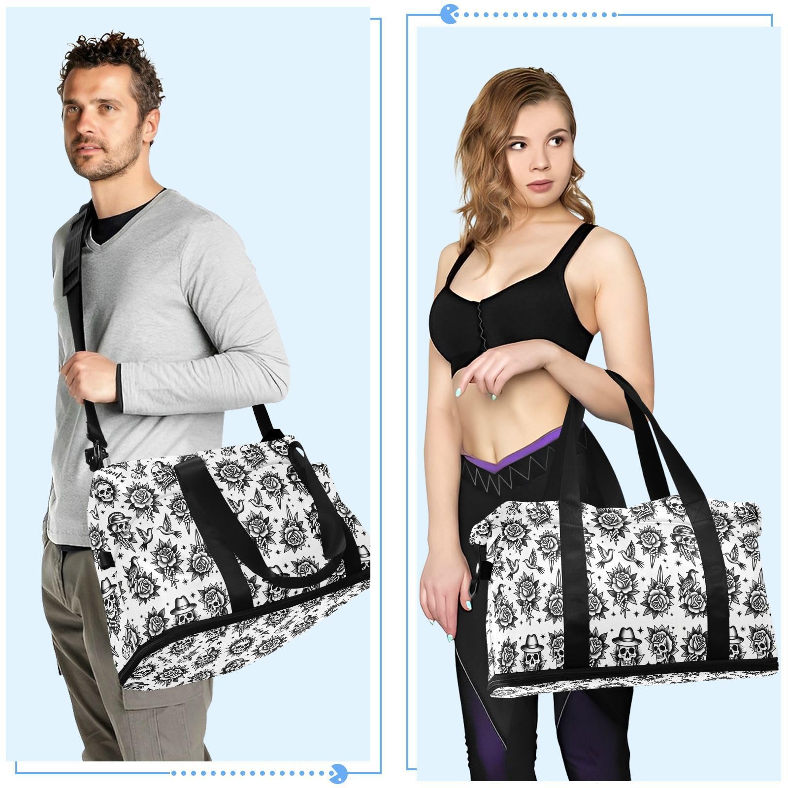 Vintage Old School Skull Rose Tattoo Carry On Shoulder Weekend Tote z mokrą kieszenią Regulowany pasek Torba na siłownię do treningu Duża pojemność dla mężczyzn kobiet