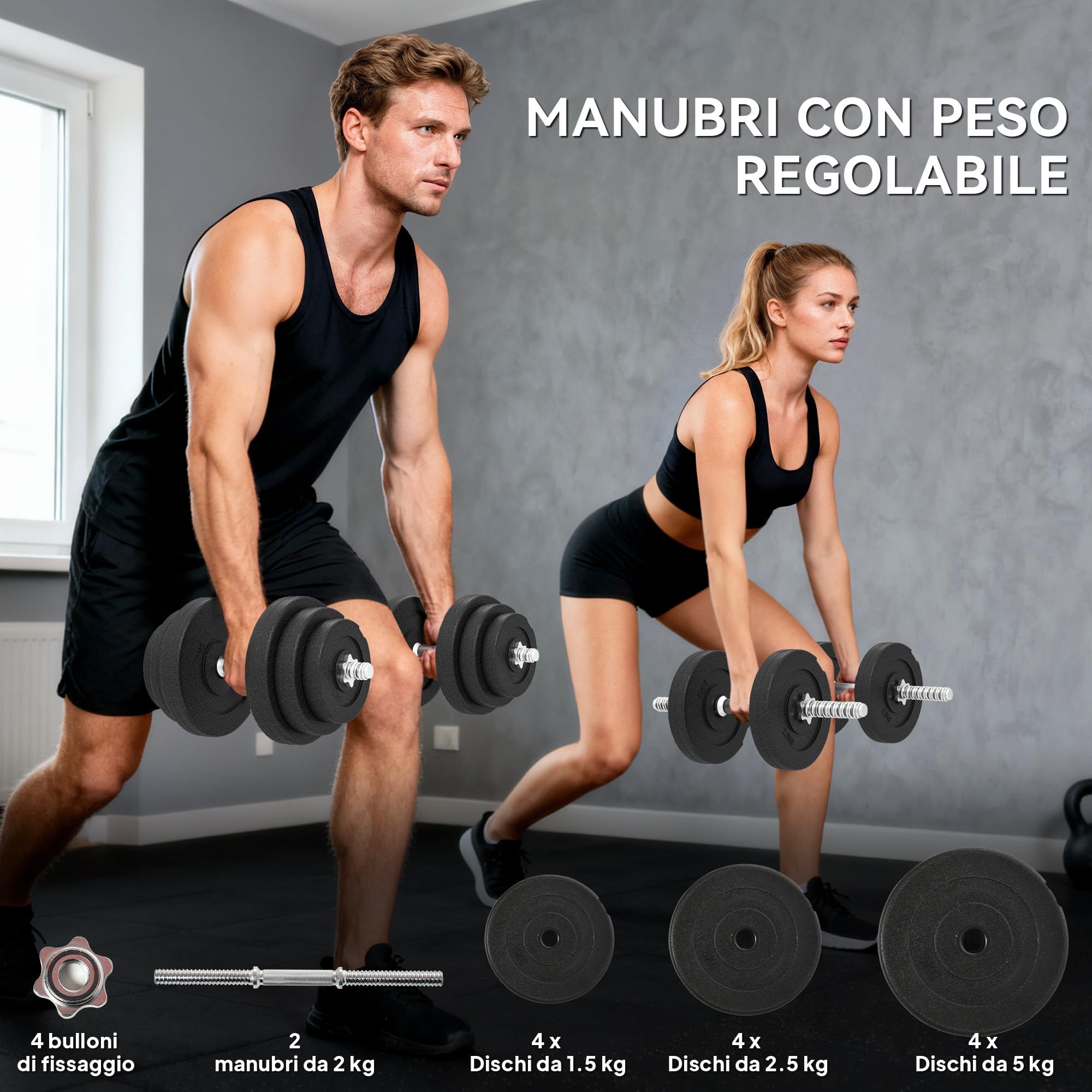 HOMCOM Set di 2 Manubri Regolabili 40 kg Totali, Set di Pesi Palestra per Braccia con Impugnatura Antiscivolo, Pesi Manubri, per Allenamento Fitness Casa e Palestra, Nero