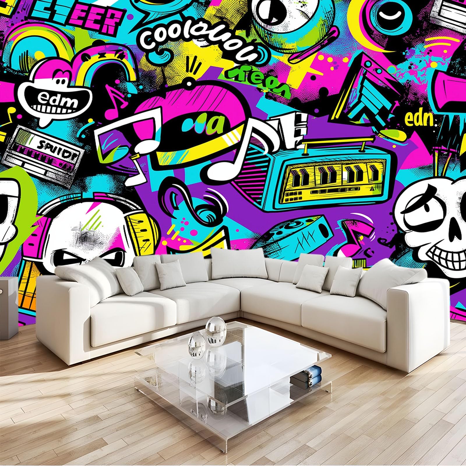 Fotomurale Carta da parati Graffiti Cultura Hip-Hop Elementi Musicali 300x210 cm Fotomurali Murale 3D Poster Gigante Moderna, Carta da Parati Decora per Camera Letto, Soggiorno, Stanza dei Bambini
