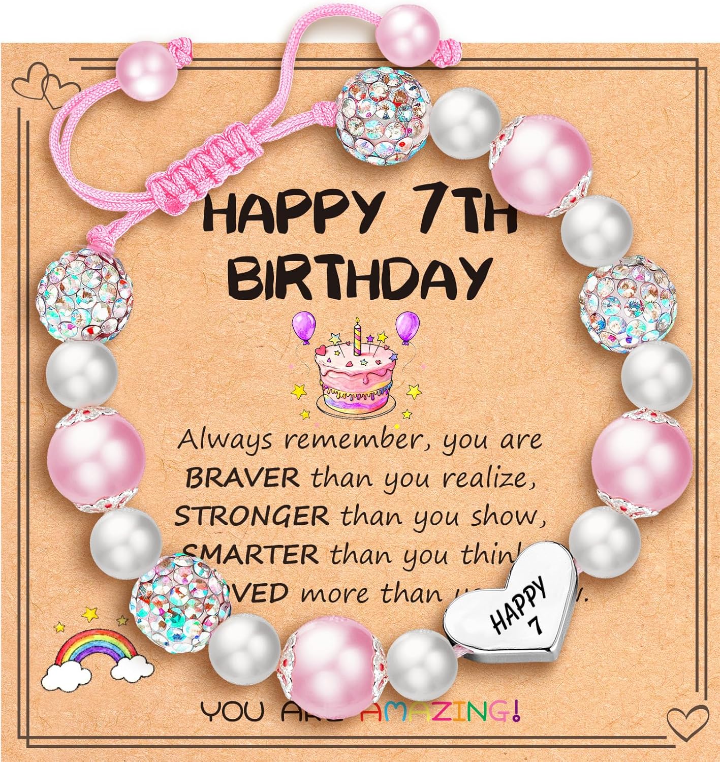 Happy 3 4 5 6 7 8 9 10 11 12 Year Old Birthday Gifts for Girls, Adjustable Pink Pearl Heart Beaded Bracelet for Daughter Granddaughter Niece Birthday Christmas Gifts