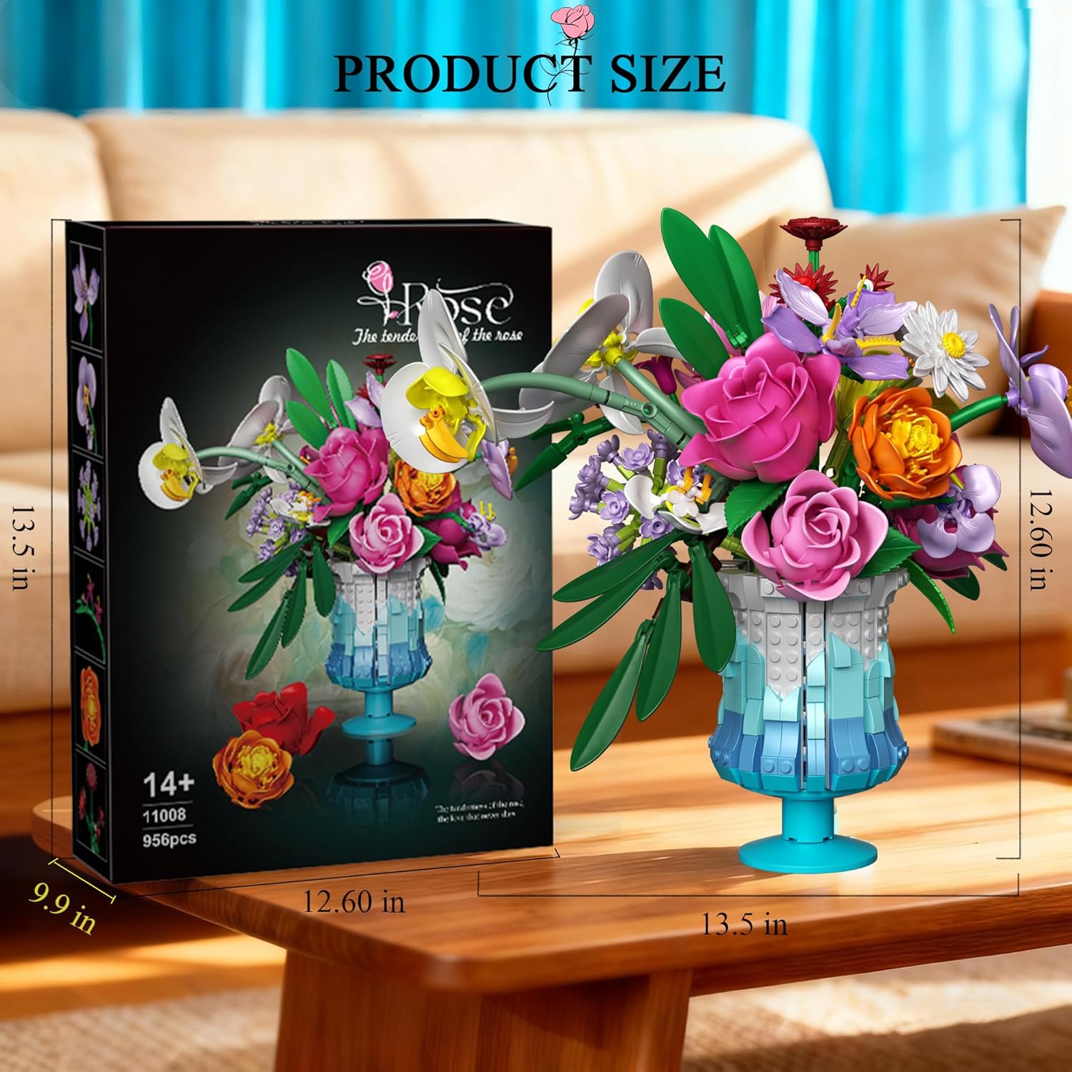 Mavo brix Flower Building Set box and assembled product with dimensions indicated.