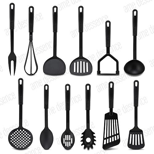 Miniatura 5 de AME D'ESSENCE Turner - Espátula flexible ranurada de 12 pulgadas, nailon negro, 410F, resistente al calor, con mango ergonómico, utensilios de