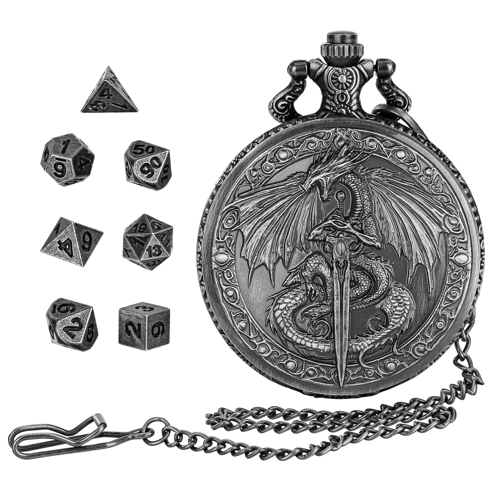 DragonSword DND Dice Set with Pocket Watch Case, Portable Metal Dice Set Compatible with Dungeons and Dragons, 7PCS Mini Dice, RPG Role Playing Board Games Accessories (Black) — image 1