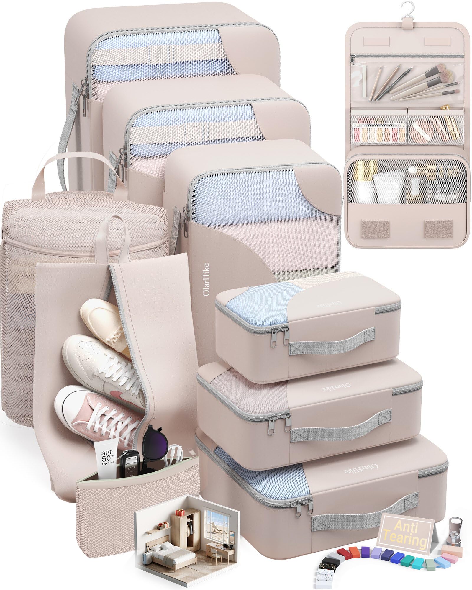 10 Set Packing Cubes for Travel, Gifts for Women Mom,Anti-Tearing Suitcase Organizer for Luggage with Shoe &amp; Hanging Toiletry Bag,OlarHike Vacation Essentials &amp; Accessories for Cruise Ship