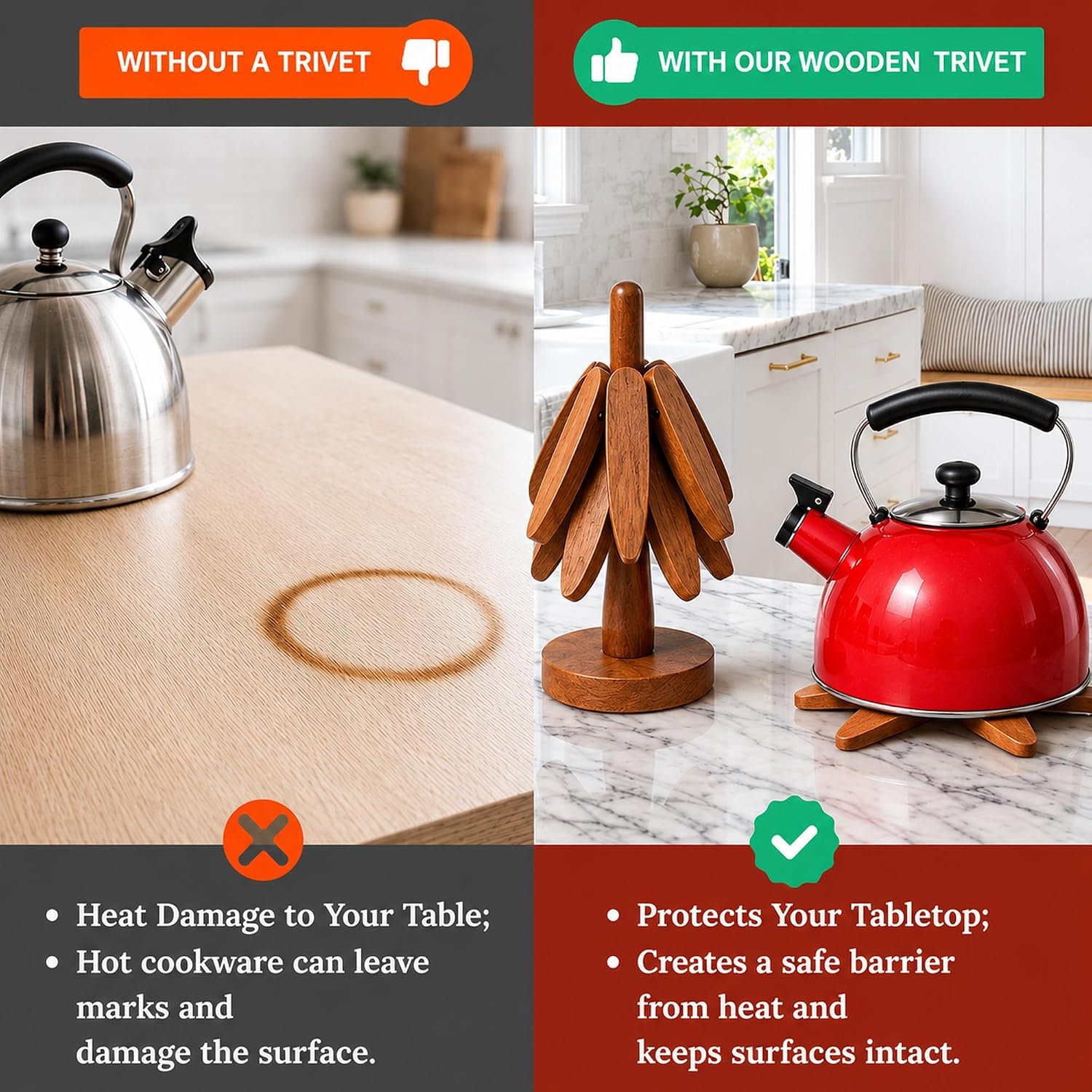Foldable Black Walnut Wooden Trivet Set for Hot Dishes - 4 Trivets + 1 Stand for Hot Dishes, Tree Coasters, Pot, Bowl, Teapot - Hot Pot Holders(Black Walnut) - Kitchen Gifts in The Box