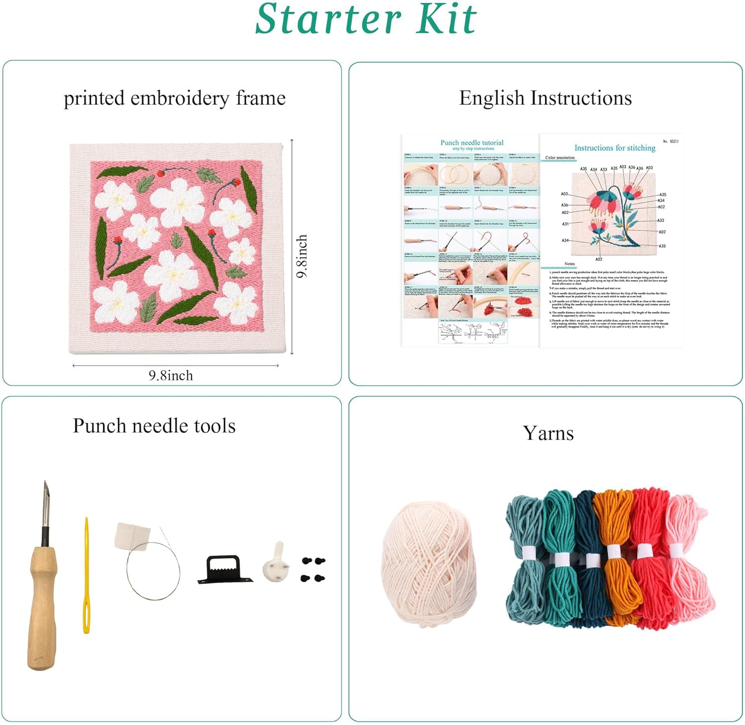 Embroidery Punch Needle kit Frame, Embroidery Starter Kits for Beginner Kids,Punch Needle Fabric with Pattern,Threader, Yarns,Pinch Needle, Embroidery Hoops & Rug Punch(Green) (Pink)