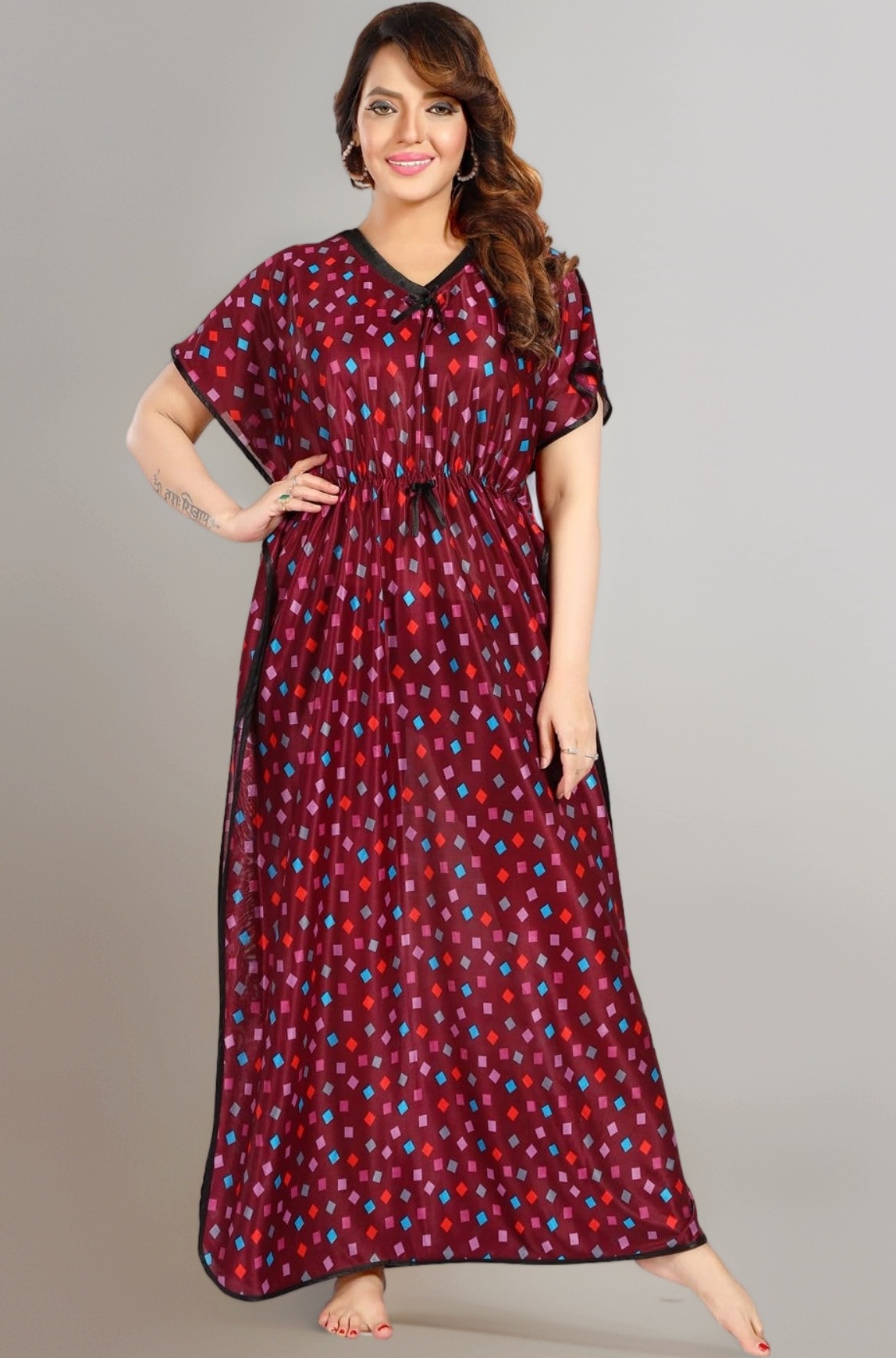 Fabme Women's Printed Satin Kaftan Nighty, Maxi