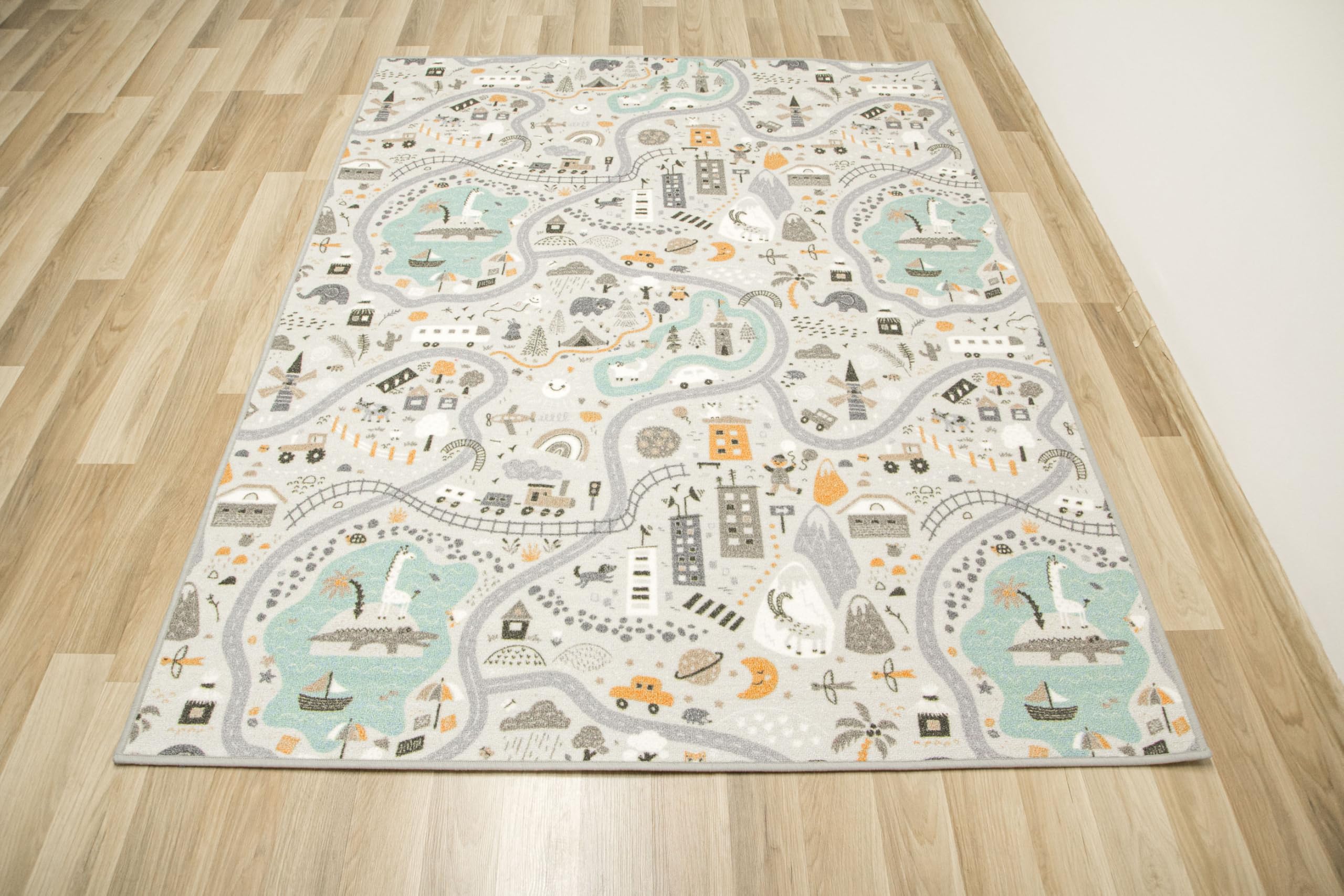 Kinderteppich Pastell Straßen Grau, Minze 200x250 cm Teppiche für EIN Kinderzimmer mit kurzem Flor, Teppich für einen Jungen, Mädchen, Kinderteppich, Kids Carpet, Schiffe, See