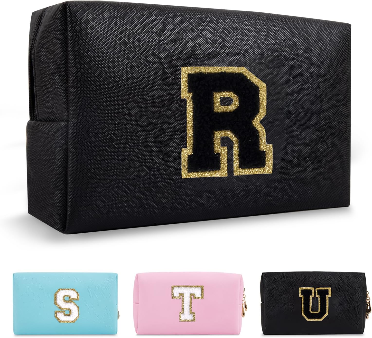 Personalized Initial A-Z Preppy Patch Makeup Bag,Small PU Chenille Letter Cosmetic Bag with Zipper for Teen Girls,Black Cute Toiletry Organizer Bag,Monogram Makeup Case Gift for Women Girls,Letter R