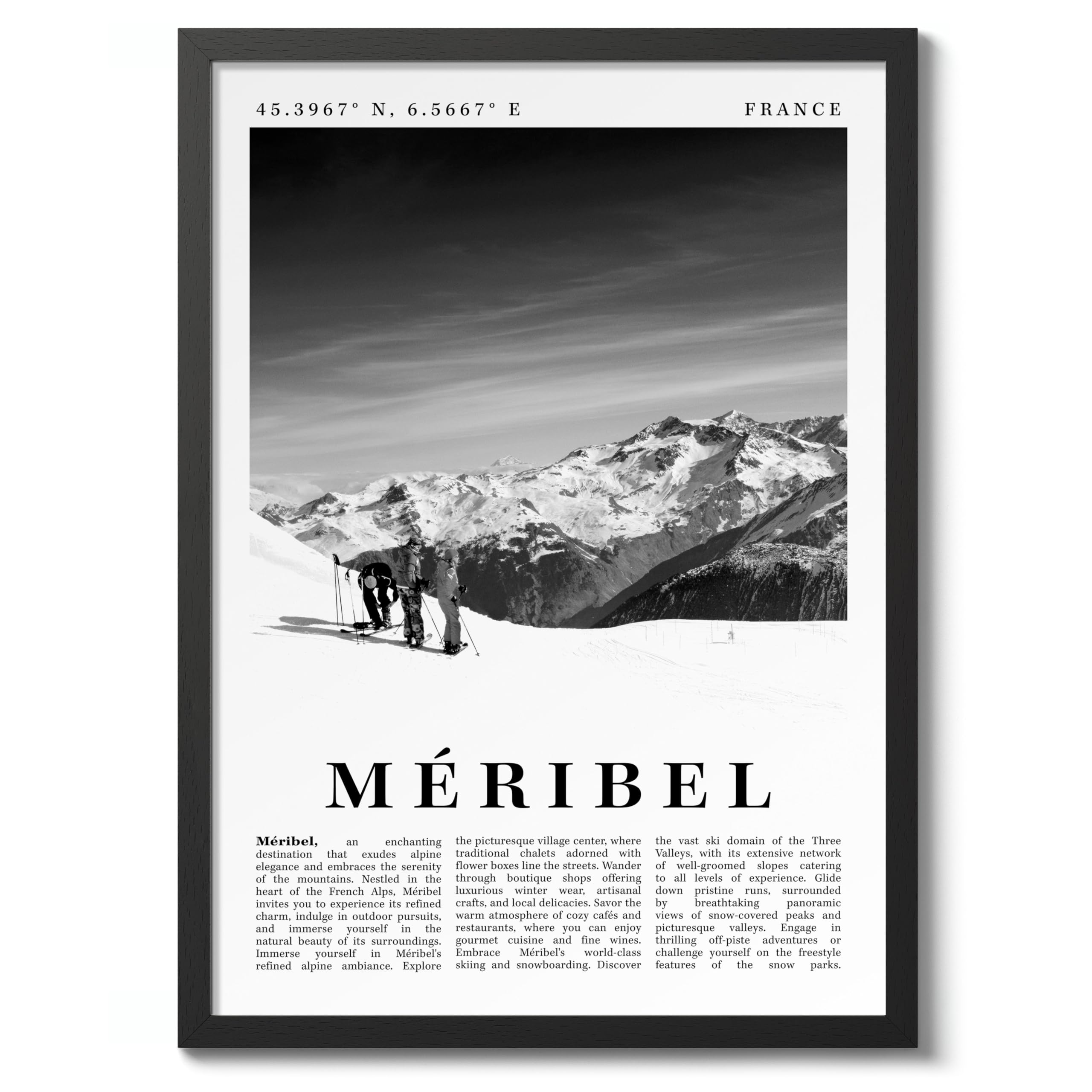 Meribel - France Travel Poster, Black & White Print, City Landmark. Modern Home Wall Decor For Living Room Bedroom, Archival Matte, 50x70cm (Black Frame) - 50x70cm