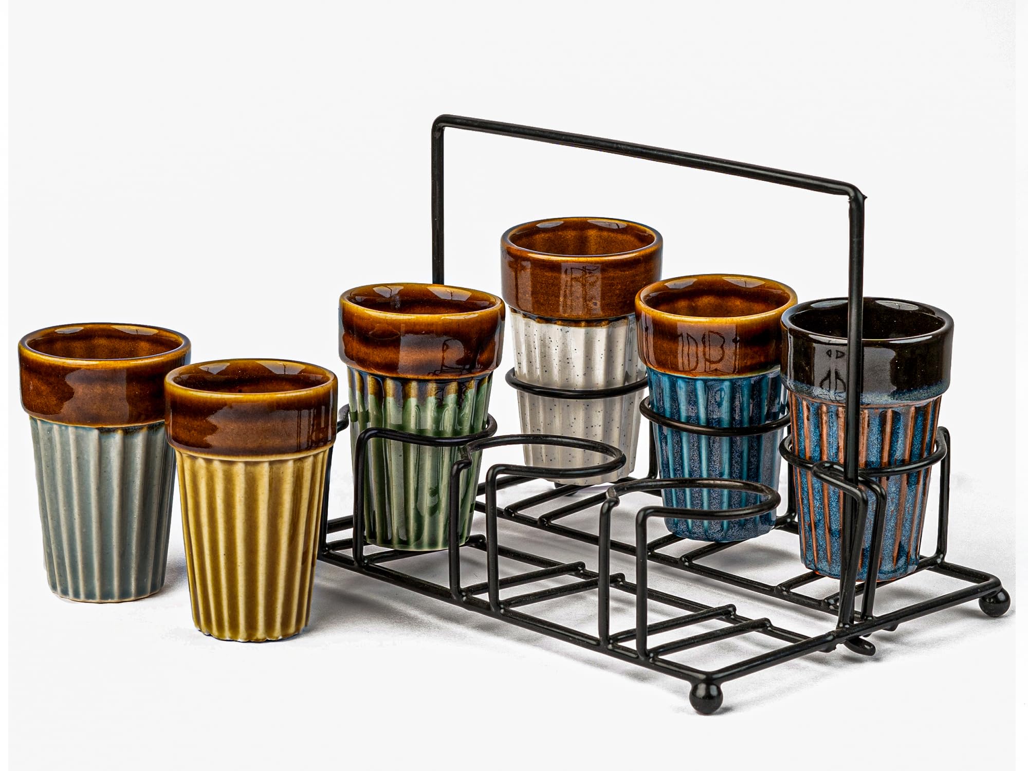 Ceramic Cutting Chai Glasses Set of 6 Piece with Foldable Iron Stand Holder, Desi Style Tea Kulhad Glass Set, Microwave and Dishwasher Safe Crockery Items for Gift - 110 Ml | Multicolour