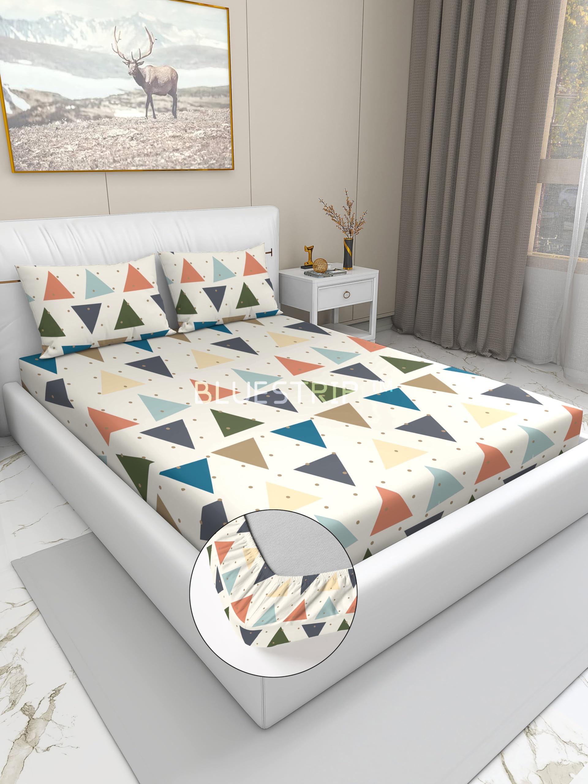 Blue Strip 300 TC Cotton Feel Glace Cotton Elastic Fitted Printed King Size Double Bed Bedsheet with 2 Pillow Covers Fits Upto 9 inches,Size- 72x78x9 Inches