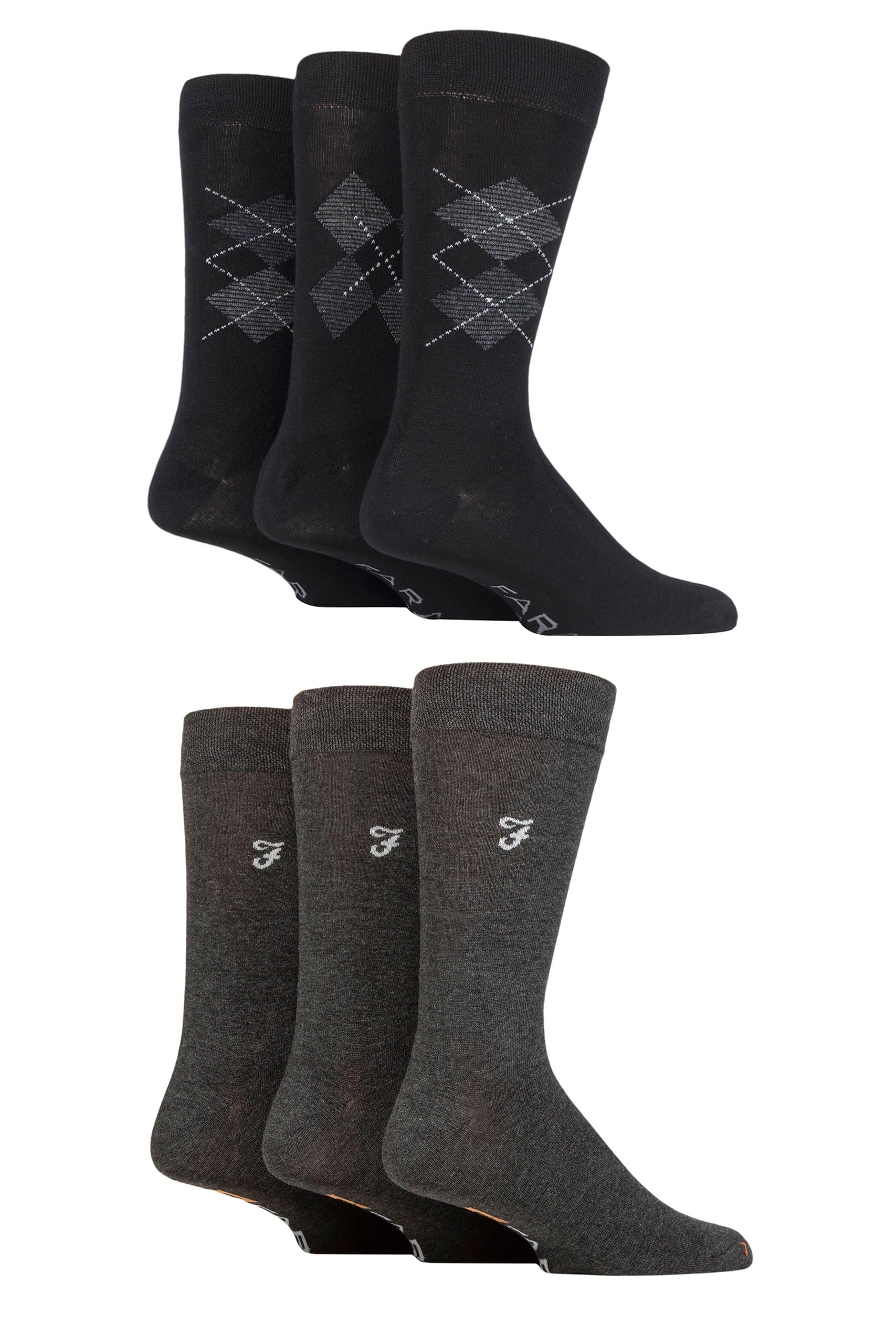 Farah Mens Patterned Bamboo Socks -Plain, Argyle for Everyday Wear, Suit Socks, Soft Breathable Cooling, 6 Pair Multipack Size 6-11 Charcoal Argyle