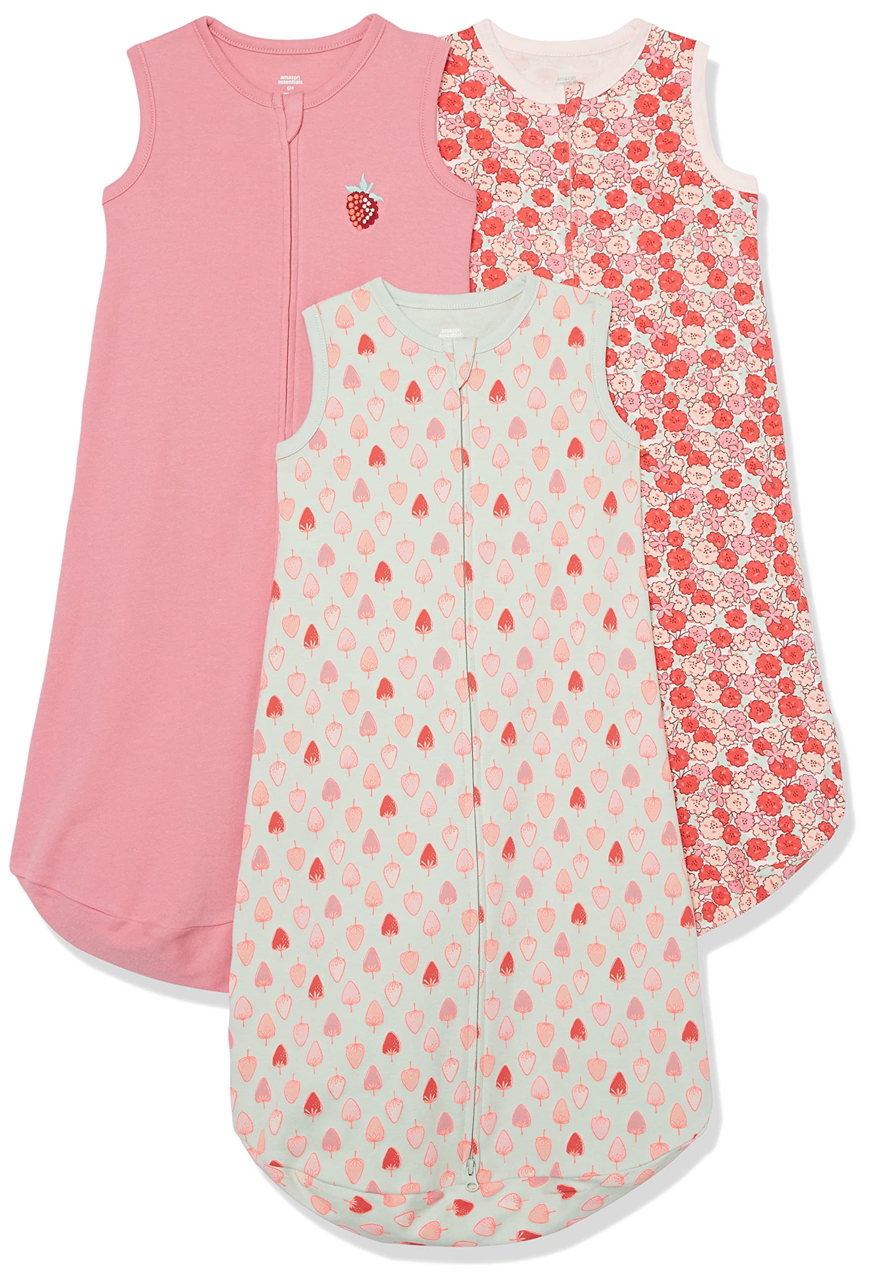 Amazon Essentials Unisex Baby Baumwoll-Schlafsack, tragbare Decke, 0,5 TOG, 3er-Pack, Minzgrün Erdbeeren/Rosé/Weiß Blumen, 0-6 Monate