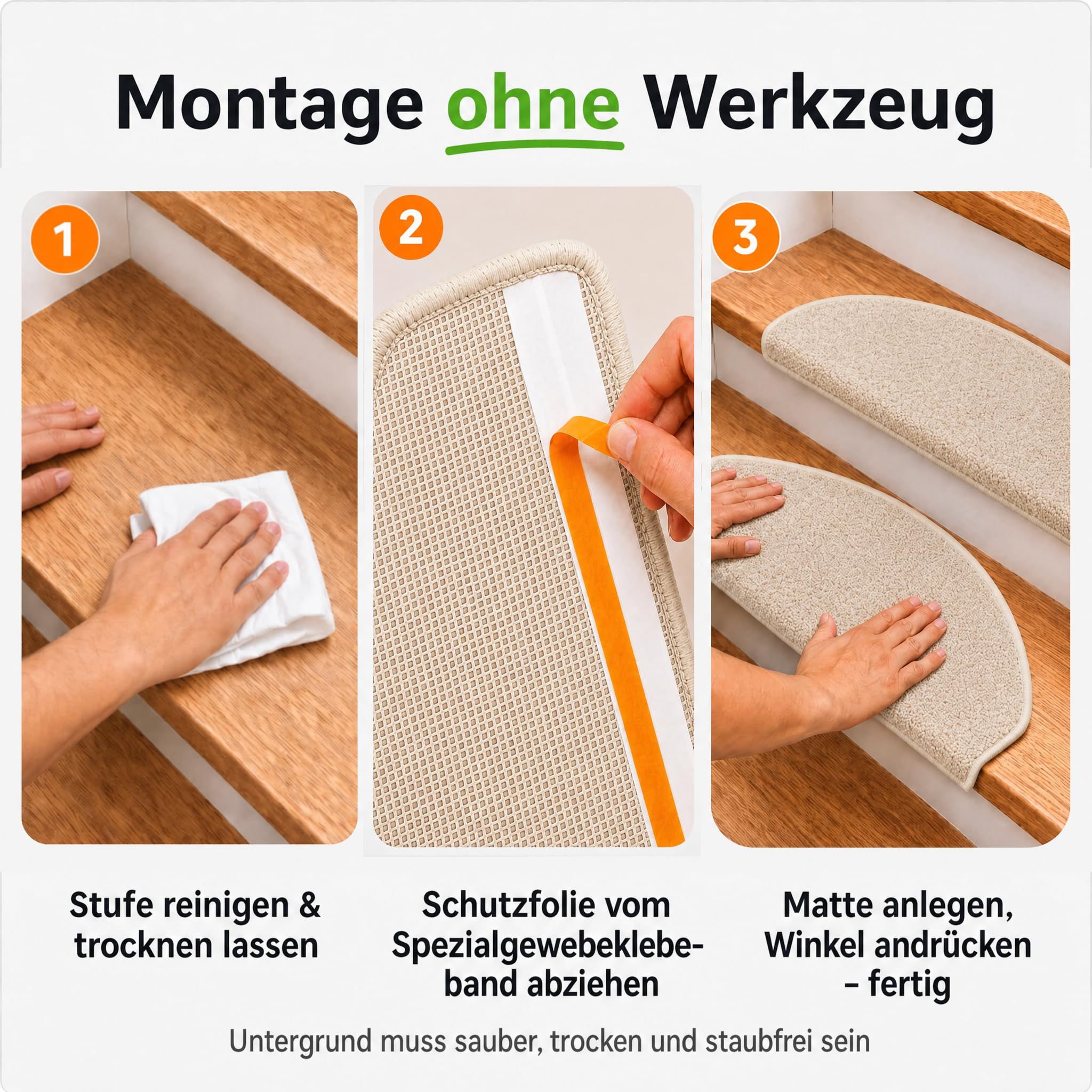 Kettelservice-Metzker Stufenmatten Treppe Rambo, 15er Set, halbrund, Beige, ca. 65 x 24 x 4 cm, Flor 6 mm, Trittschall ~20 dB, Polypropylen, PVC-Winkel, gekettelte Kanten
