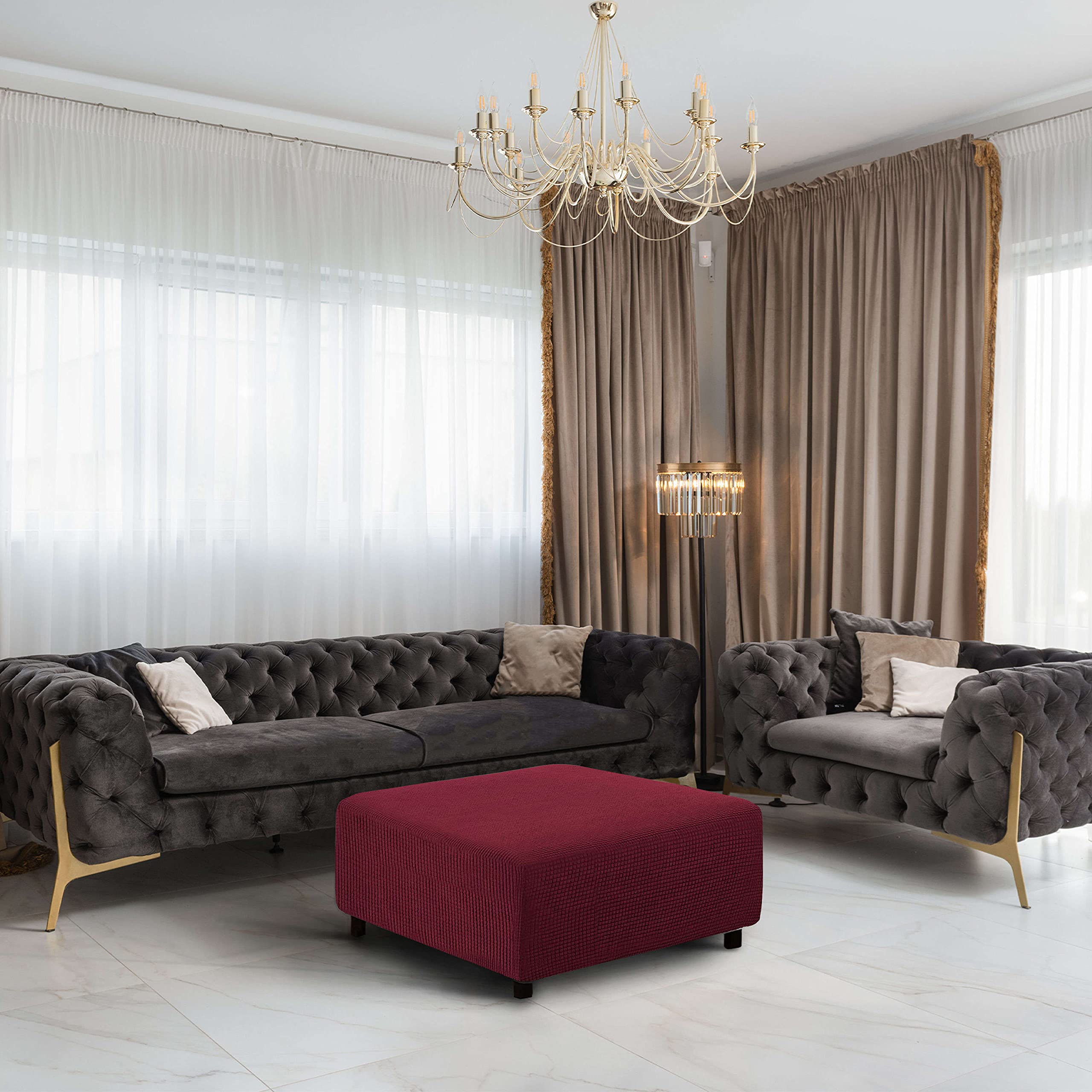 qiden Fodera per Poggiapiedi Quadrata Fodera per Ottomana Elasticizzata,10% Più Spessa Jacquard Fodera per Pouf Elastico Grande Fodere per Piedi con Fondo Elastico,Lavabile in Lavatrice-vino rossoM
