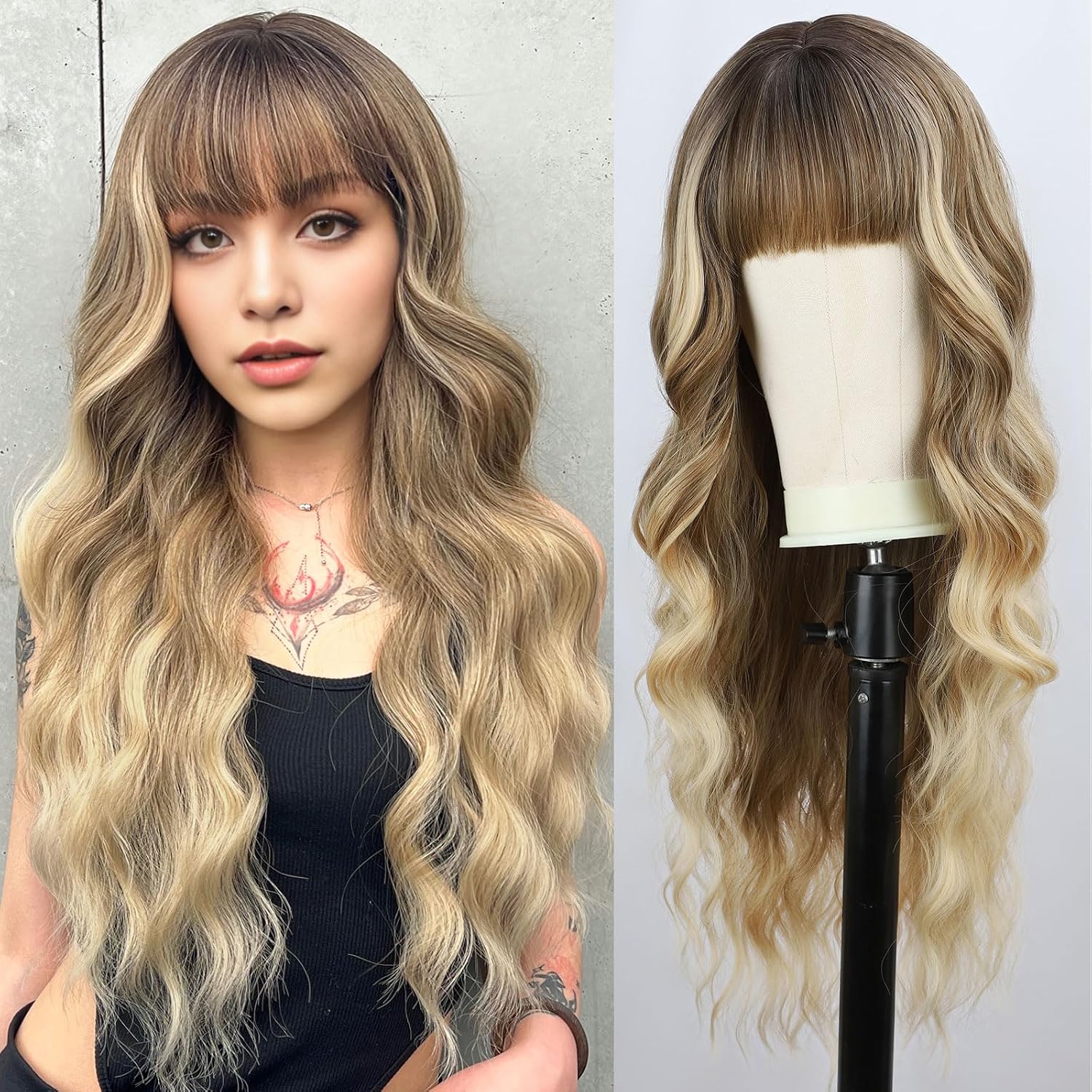 BOGSEA Ombre Blonde Wig with Bangs Long Blonde Wig for Women 26 Inch Synthetic Heat Resistant Fiber Wigs for Daily Party