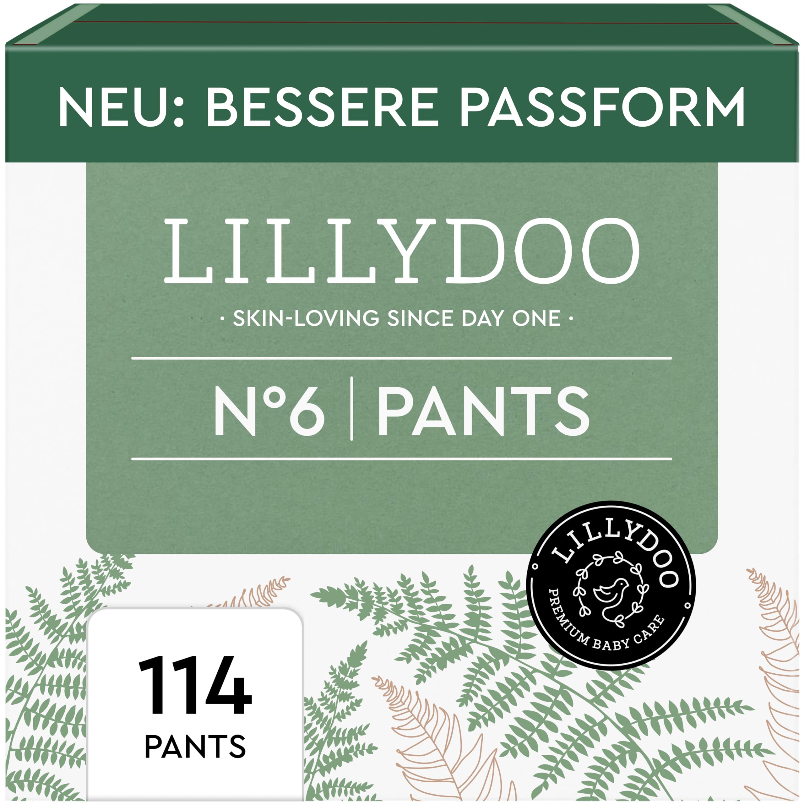 LILLYDOO green Baby Windeln Pants - Größe 6 (13+ kg), Monatsbox (114 Höschenwindeln), Sicherer Auslaufschutz - Hautfreundlich, Chlorfrei & Ohne Lotionen für empfindliche Haut, Dermatologisch getestet