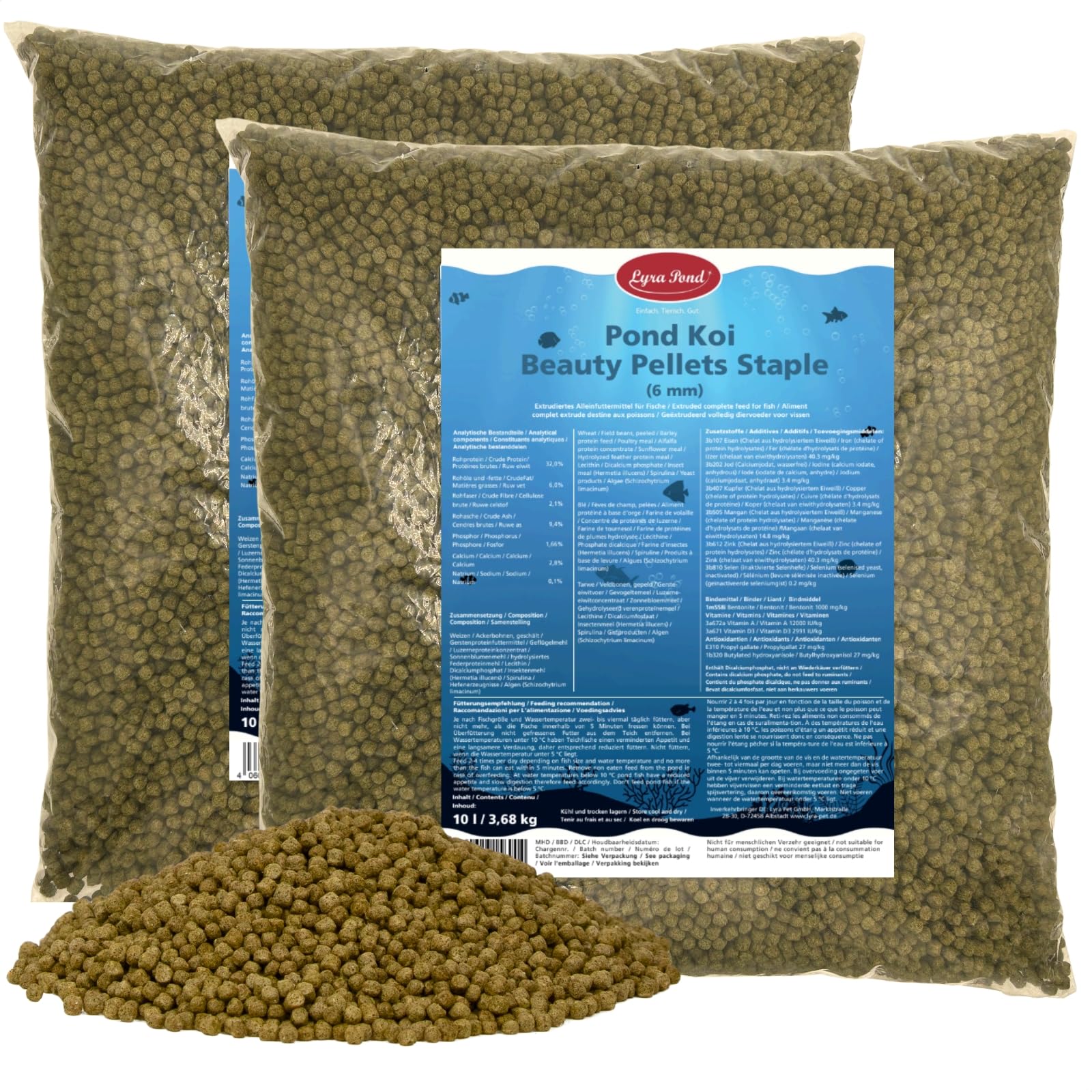 Lyra Pond® 2 x 10 L (7,36 kg) Koi Beauty Pellets Staple Poissons Bassin | Intensifie les couleurs des poissons | Riche en protéines, farine d’insectes & spiruline | Faible énergie