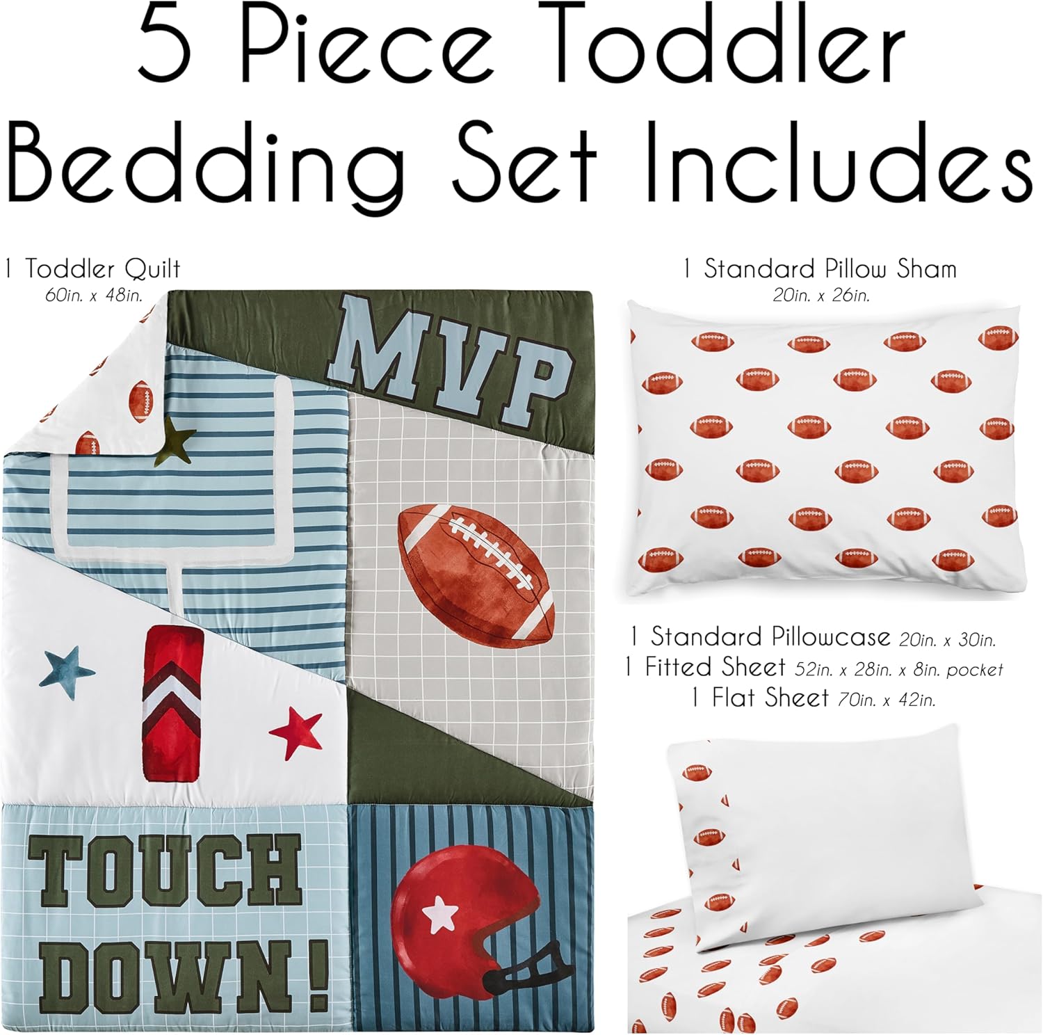 Sweet Jojo Designs American Football MVP Boy Toddler Bedding Set Kids Children 5pc Bed in a Bag with Comforter Blanket Pillowcase Sham Sheets Green Blue Red Vintage Helmet Field Goal Sport Themed Star