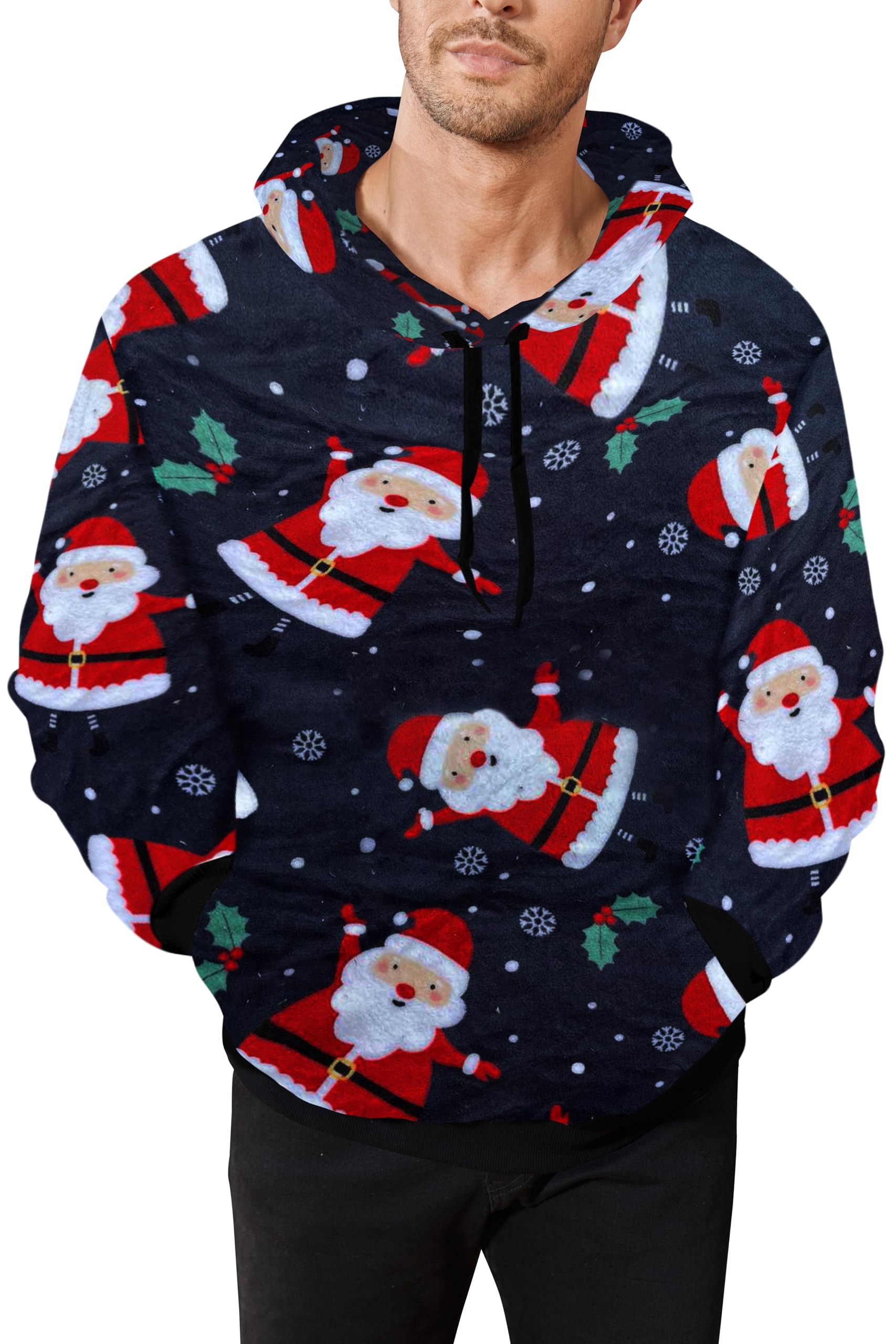 RuncatiMens Ugly Christmas Sweatshirt Fuzzy Sherpa Long Sleeve Hoodie Printed Kangroo Pocket Soft Pullover Tops