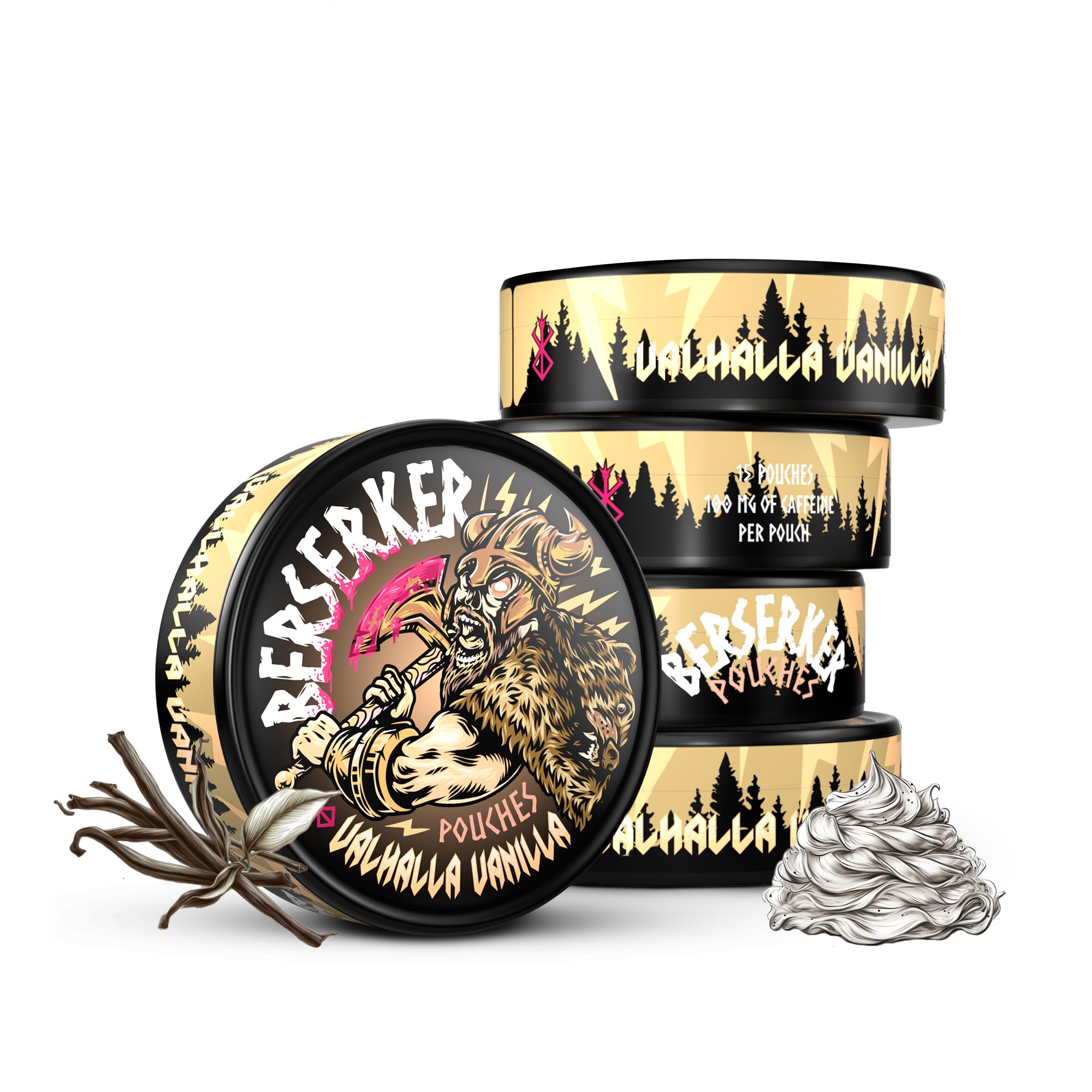 Berserker Energy Pouches - Valhalla Vanilla - Caffeine Infused - 100mg per Pouch - 5 Pack - Tobacco Free - Nicotine Free