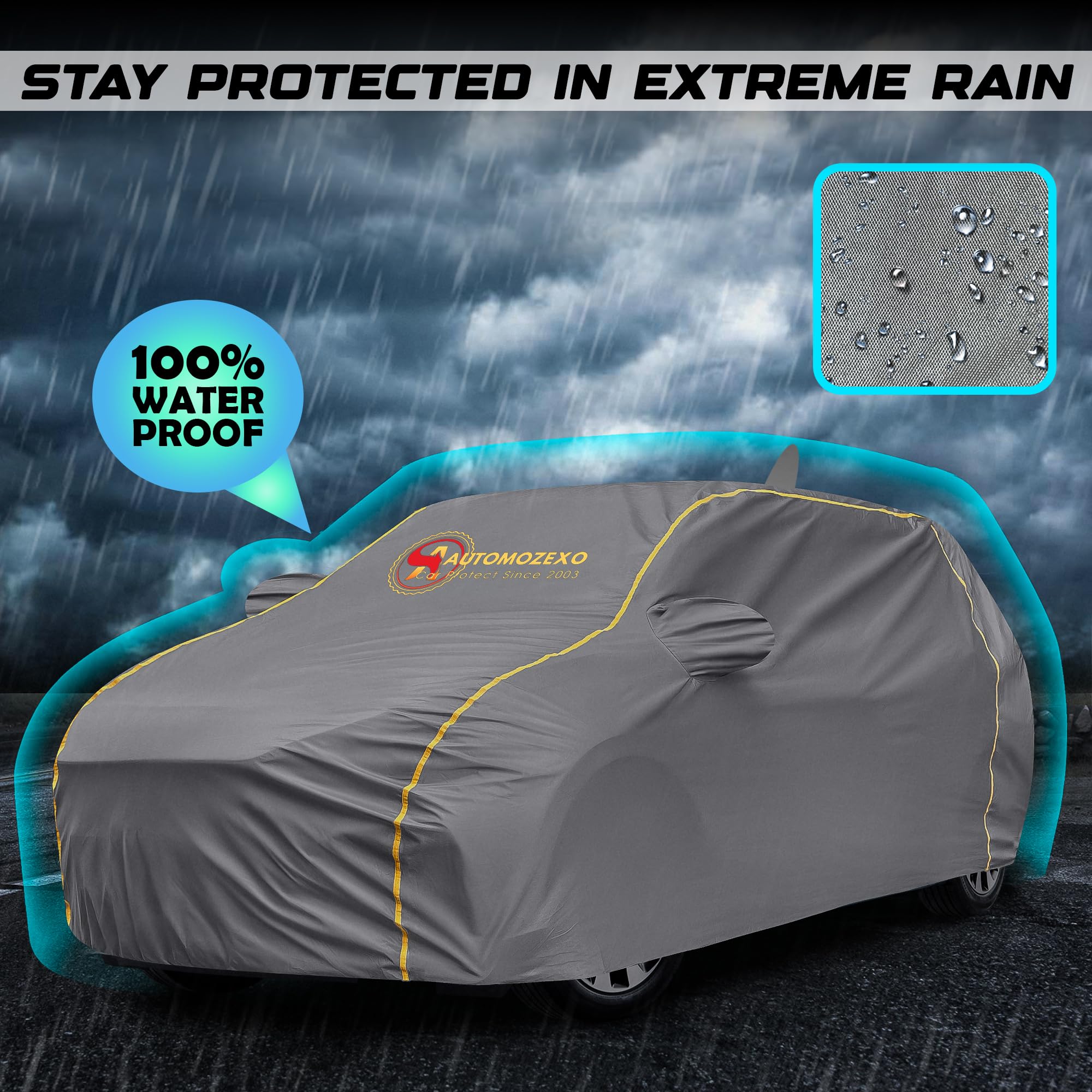 AUTOMOZEXO Hyundai Venue All Models 100% Waterproof Car Cover for All Weather Protection Mirror & Antena Pocket Inner Cotton Triple Stitched Cover, Adjustable Belt Bottom Elastic to Secure Fit -Grey 2