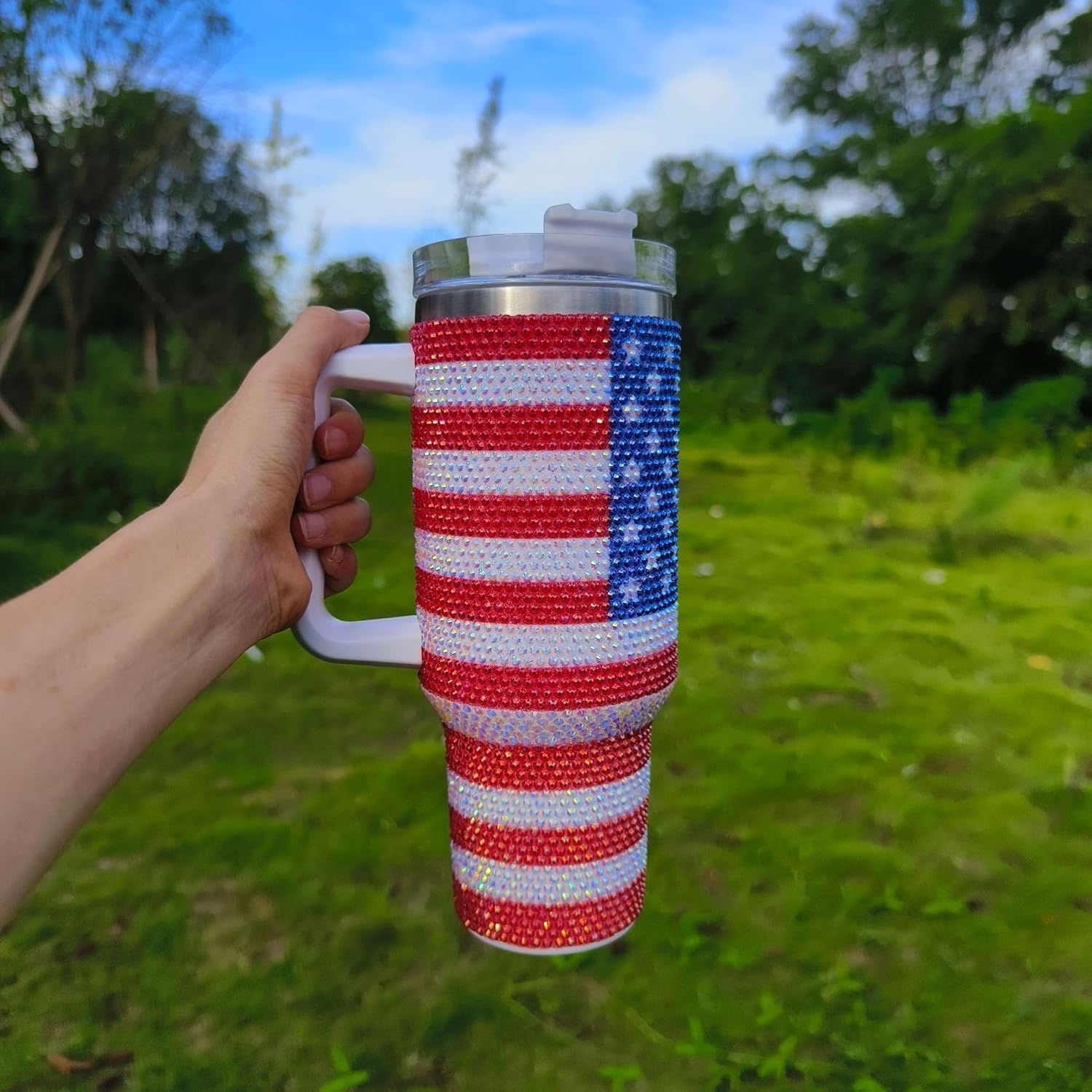 40 Oz Water Bottle for Stainless Steel Tumbler with Handle, Travel Mug - USA Flag Double Insulated Coffee Travel Mug - Full Bling - Image 5