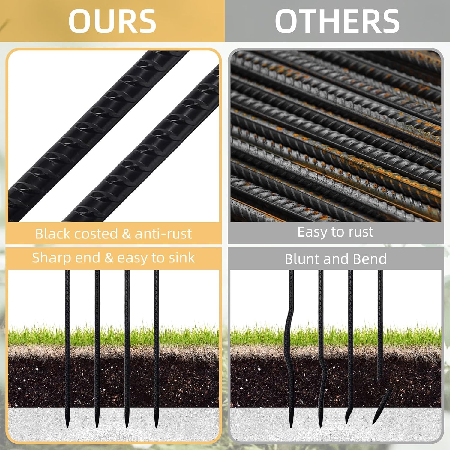 16 Inch Rebar Stakes, 1/2 Inch Diameter Galvanized Steel Ground Anchors, Heavy Duty Metal Spikes for Speed Bump, Wheel Stop, Parking Curb and Tent (24 Pack, Black)