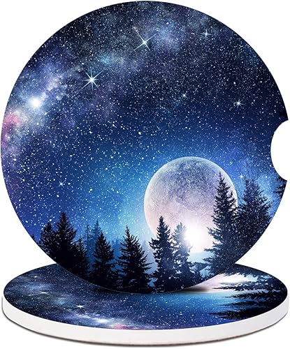 Miniatura 1 de Posavasos para automóvil, diseño de bosque de fantasía, luna llena, paquete de 2 para portavasos absorbentes, inserto antideslizante universal de