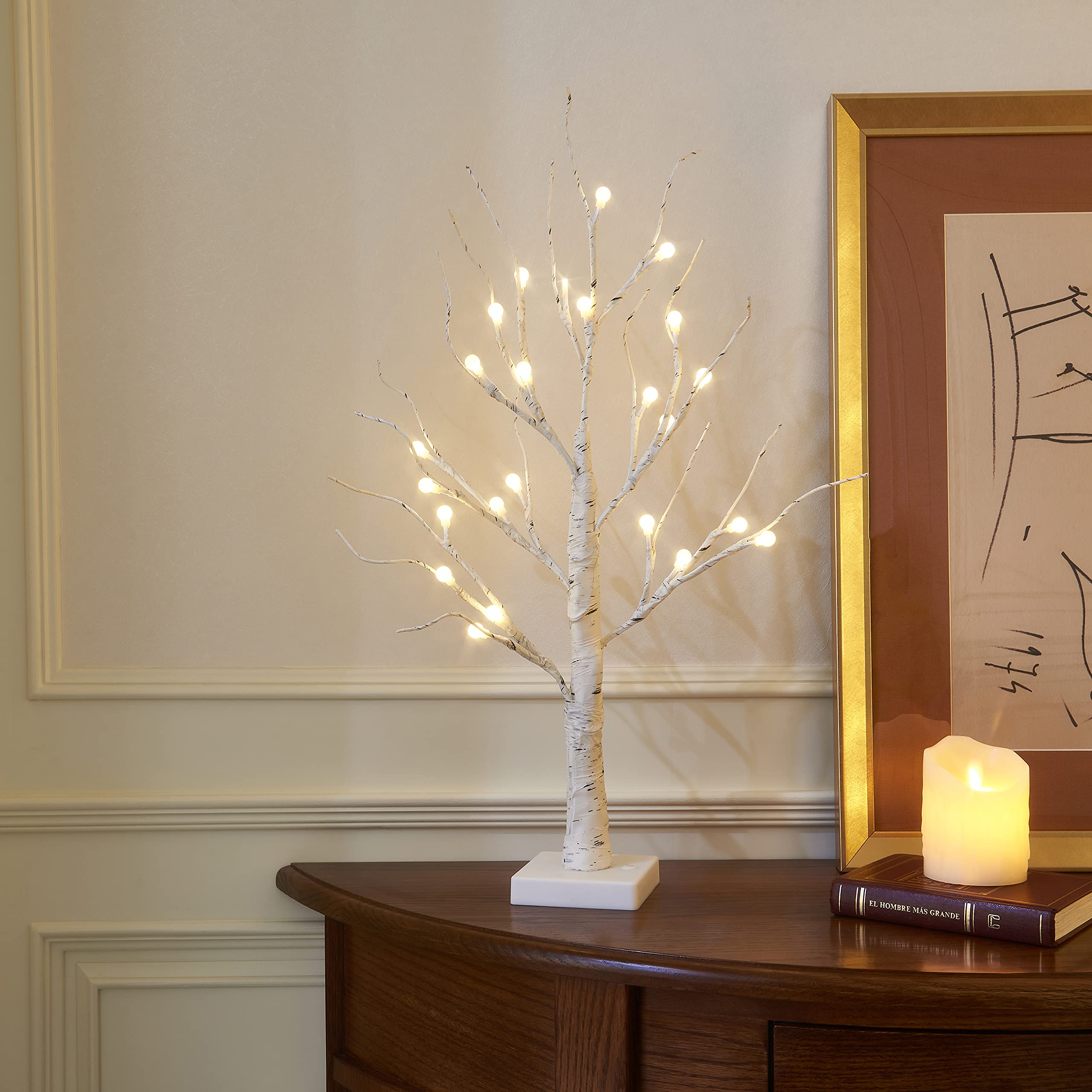 Eambrite Twig Christmas Tree 2FT Frosted Ball White Birch Tree with 24 Warm White Lights Battery Operated Tabletop Tree for Christmas Home Party Wedding Indoor Decoration