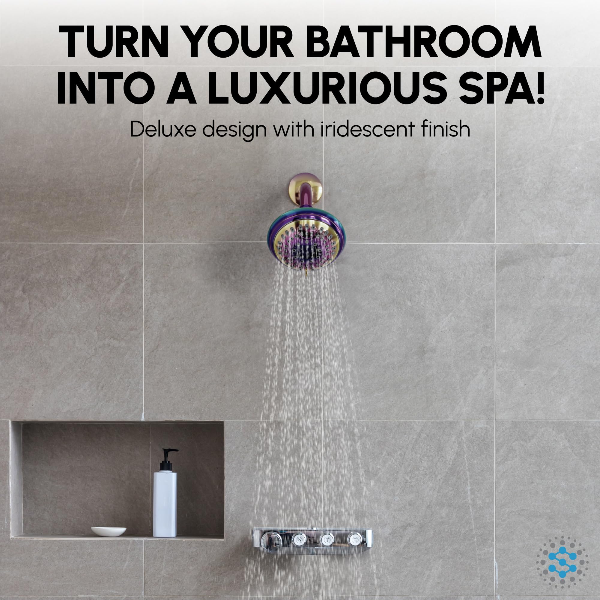 ShowerMaxx Luxury Spa Series Shower Head, 6 Spray Setting, 4.5 Inch Adjustable High Pressure Shower Head Fixture for Hard Water, 360-Degree Tilt Massage Shower System - Rainbow Finish Shower Head