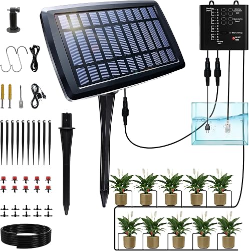 15 Pots Drip Irrigation System, Solar Auto Watering Kit with 49FT Tubing & 15 Drippers, Smart Timer & Water Level Alarm, Stop Plants Withering, for Patio Greenhouse Balcony Garden