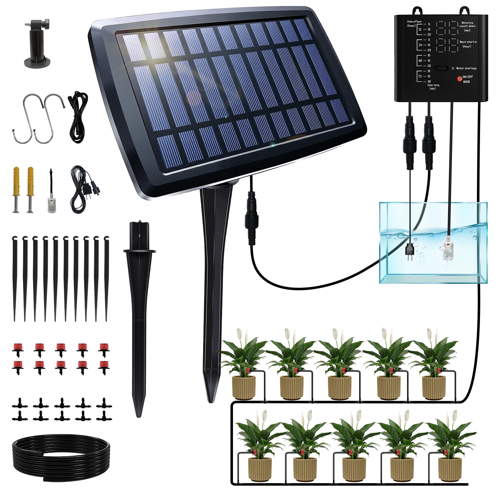Sistema di irrigazione a goccia a 15 vasi, kit di irrigazione automatica solare con tubi da 15 m e 15 gocciolatori, timer intelligente e allarme livello dell'acqua, blocca l'appassimento