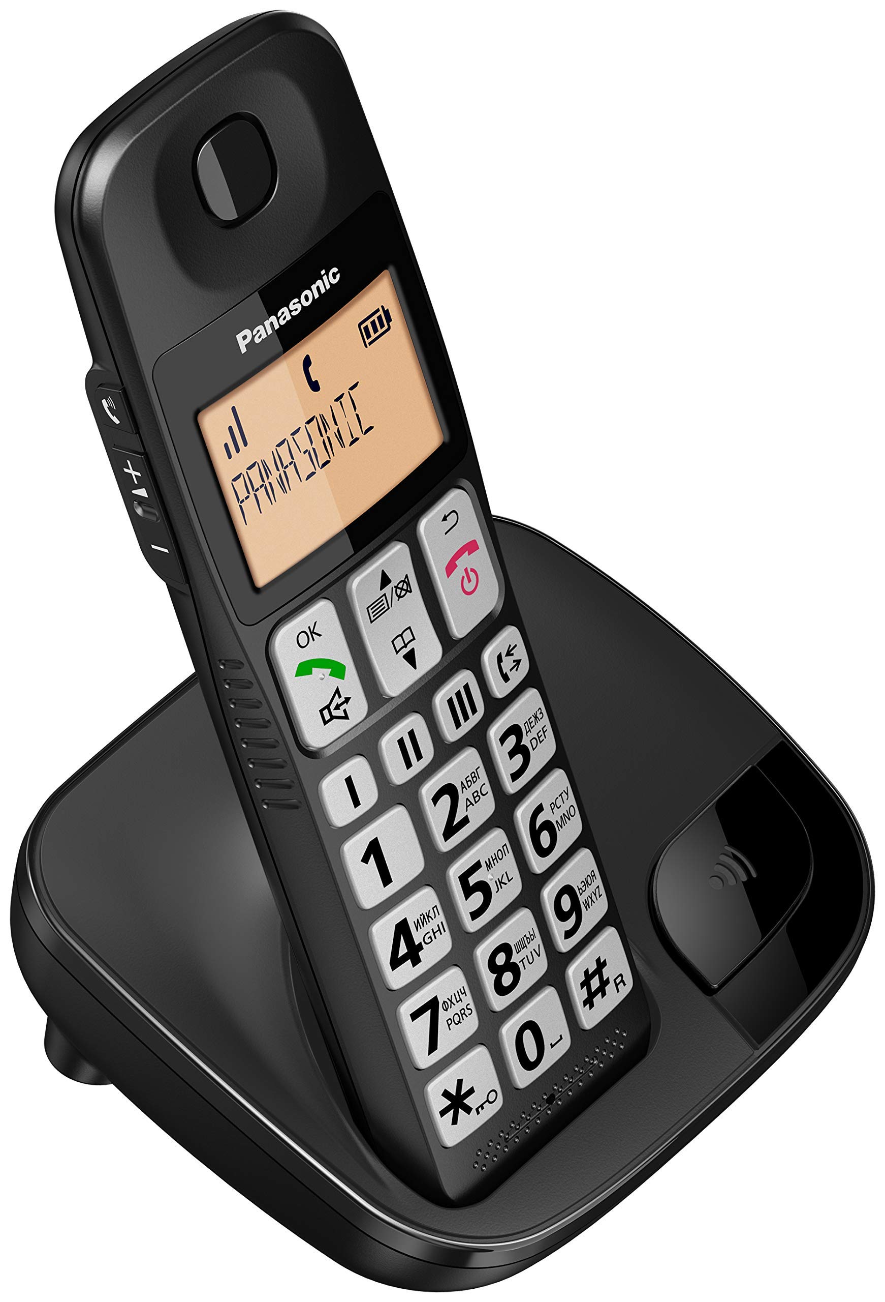 Panasonic KX-TGE110JTB Telefono Cordless Digitale (DECT) Singolo ad Utilizzo Facilitato, Tasti Grandi, 3 Tasti di composizione rapida, Compatibilità con Apparecchi Acustici, Nero