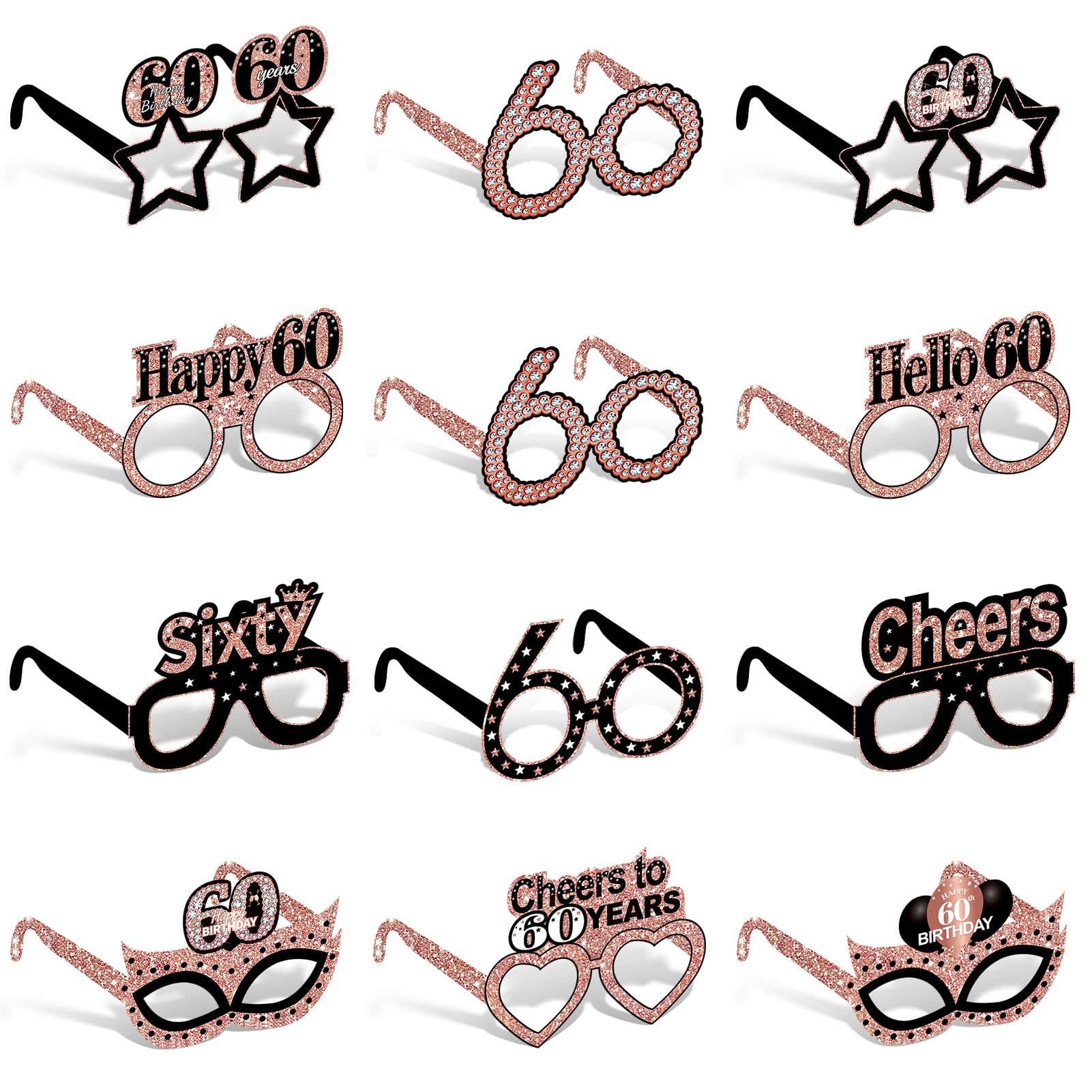 Zirtorei 24pcs 60th Birthday Paper Eyeglasses Decorations for Women, Rose Gold Happy 60th Birthday Eyeglasses Party Supplies, Cheers to 60 Years Bday