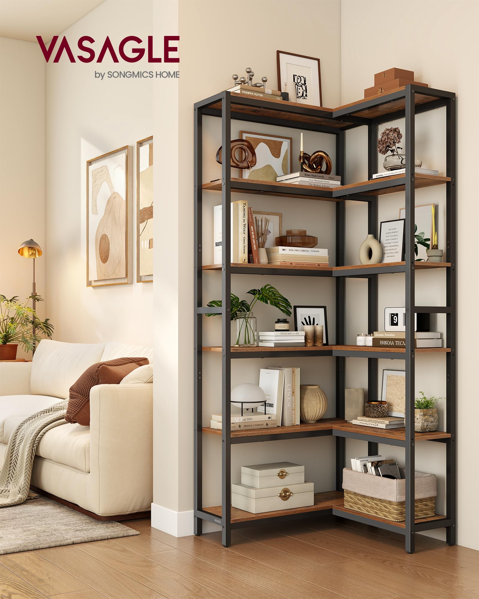 VASAGLE Bibliothèque à 6 Niveaux, Bibliothèque d’Angle, Étagère de Rangement, 24 x 102 x 175,2 cm, Style Moderne, pour Salon, Chambre, Bureau, Marron Rustique et Noir d'encre LLS606K01