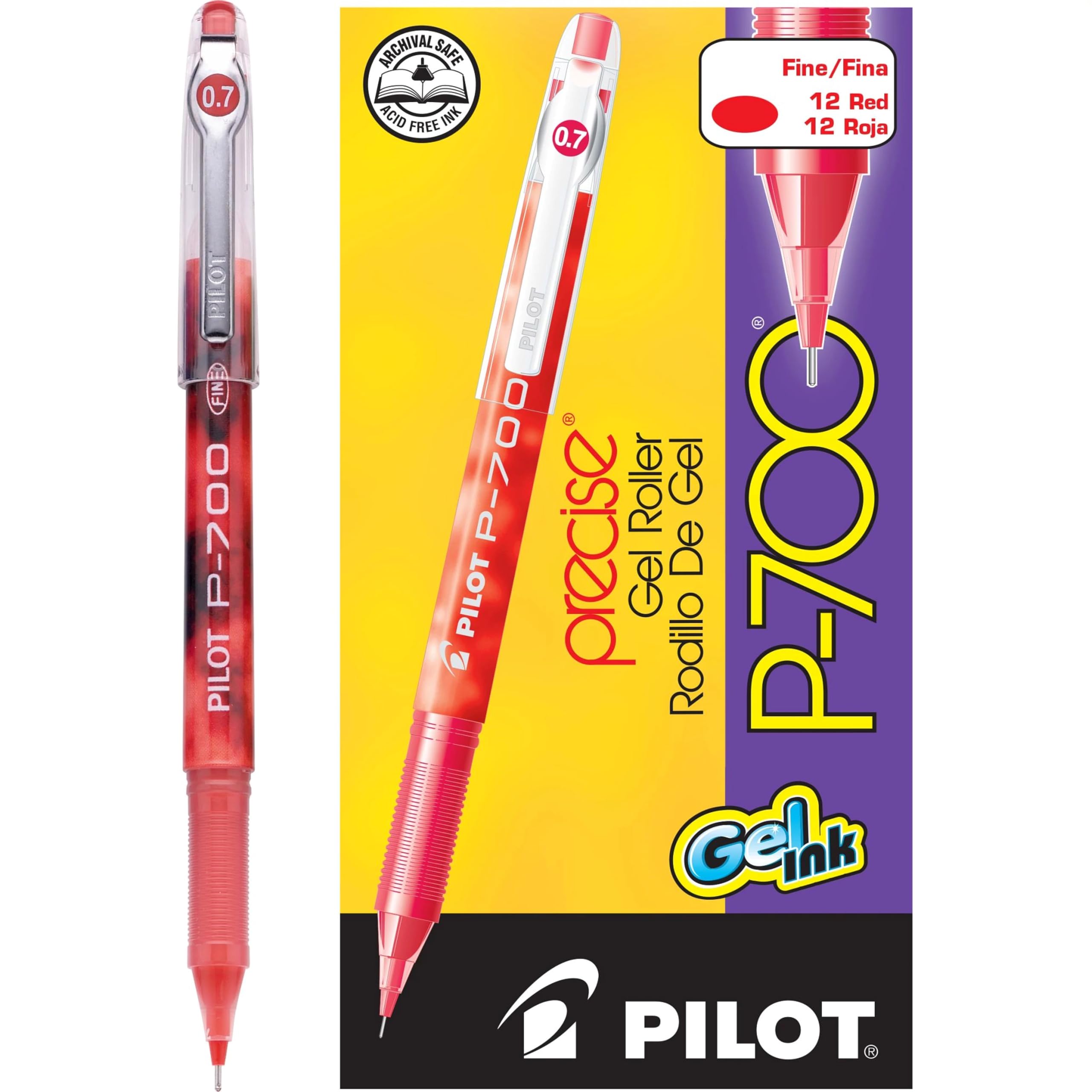 Pilot, Precise P-700 Gel Ink Rolling Ball Stick Pens, Marbled Barrel, Fine Point 0.7 mm, Red, Pack of 12