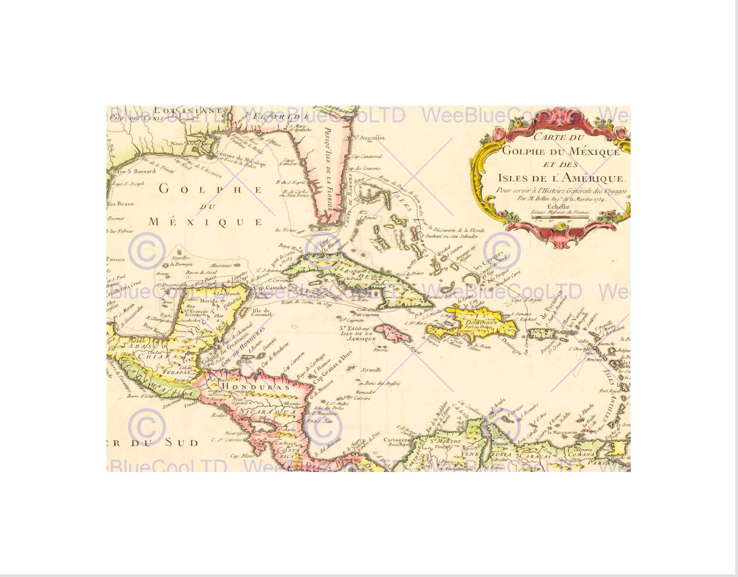 Wee Blue Coo MAP GULF MEXICO CARIBBEAN SEA CENTRAL AMERICA CUBA 1754 FRANCE PRINT B12X7107