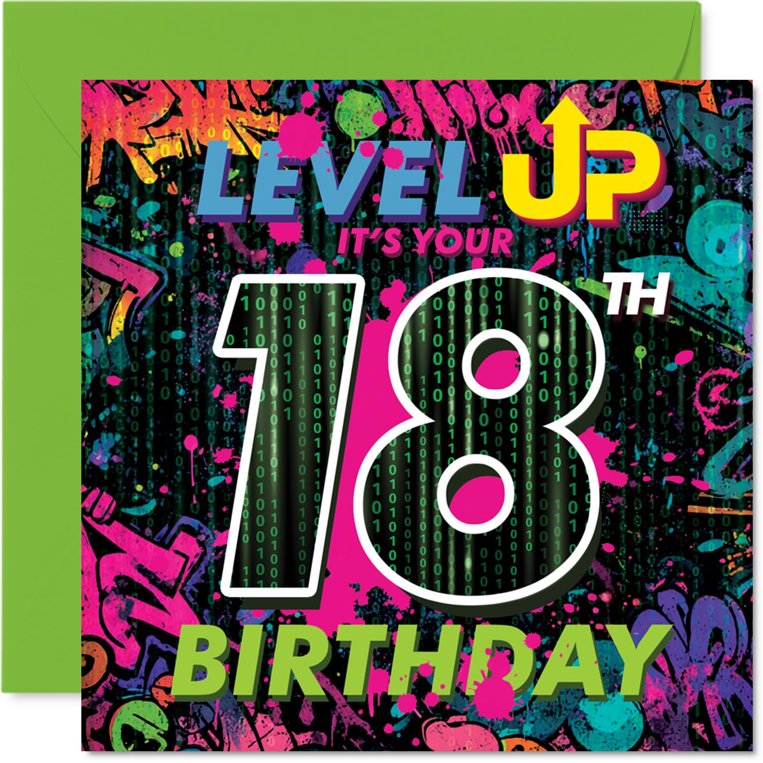 Playful 18th Birthday Card - Level Up to Adulthood - Bold Graffiti Gaming Design in Vibrant Multicolours - 145mm Square, Envelope Included