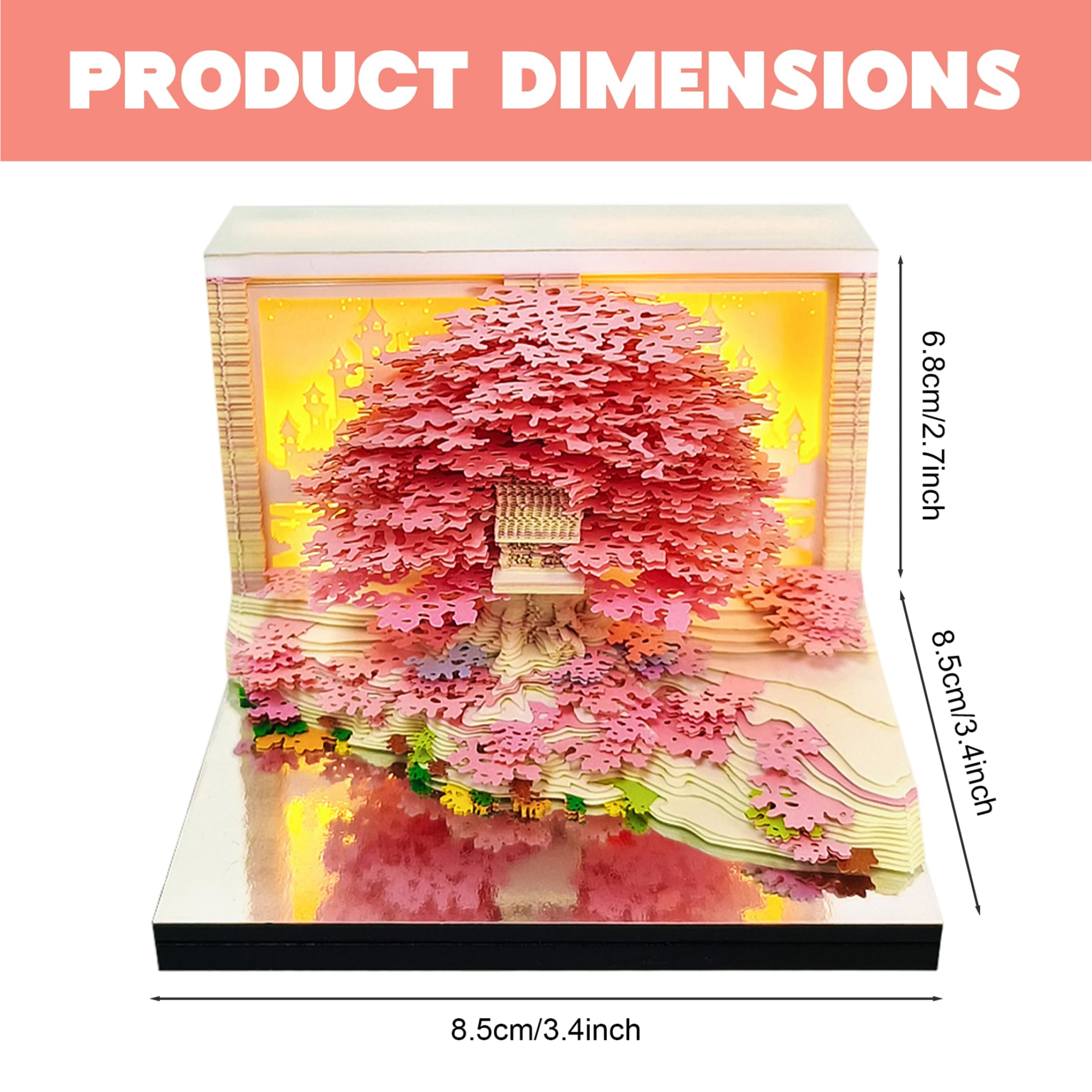 Calendario 3D 2027, Bloc de notas 3D desmontable con soporte para notas de calendario de escritorio con luz LED