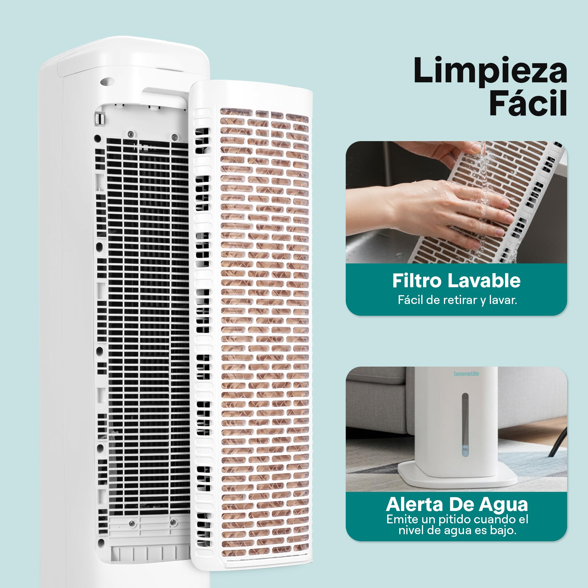 SereneLife Enfriador de Aire Evaporativo, de Torre con Mando a Distancia, Tanque de 5L, 4 Cajas de Hielo, 3 Velocidades, Enfriador de Pie Silencioso con Oscilacion, Portatil, Eficiente en Energia