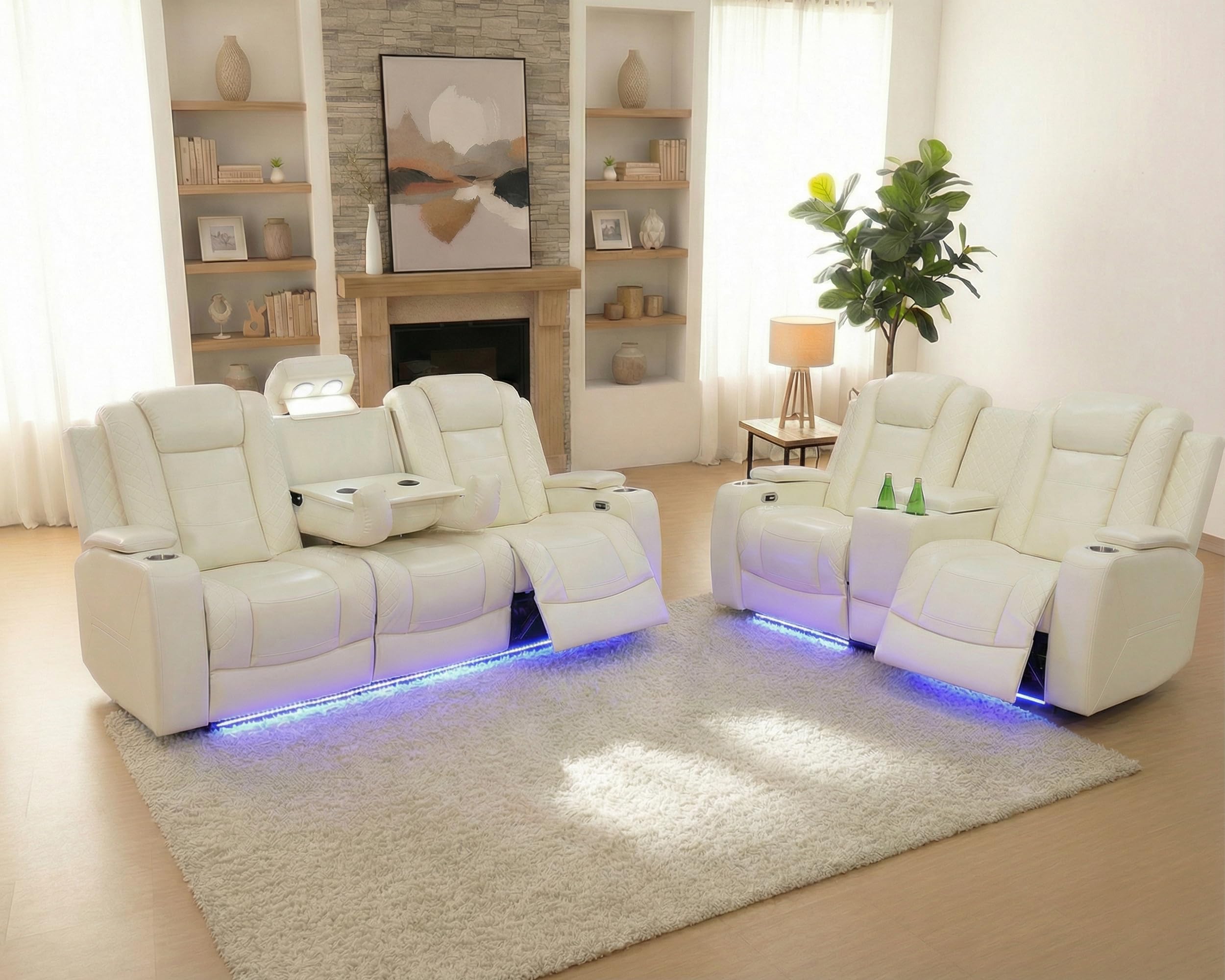 2 Piece Power Recliner Sofa Set with LED, Breathing Leather Couch and Loveseat Set, Reclining Sofa and Couch with USB Port, Drop Down Table&Storage Console (Cream White) - (Item is New/Like New, but it is noted that there are small tears in the fabric on the sides at the bottom of both the couch and loveseat, as well as some small scuffs on some corners, some pictured)