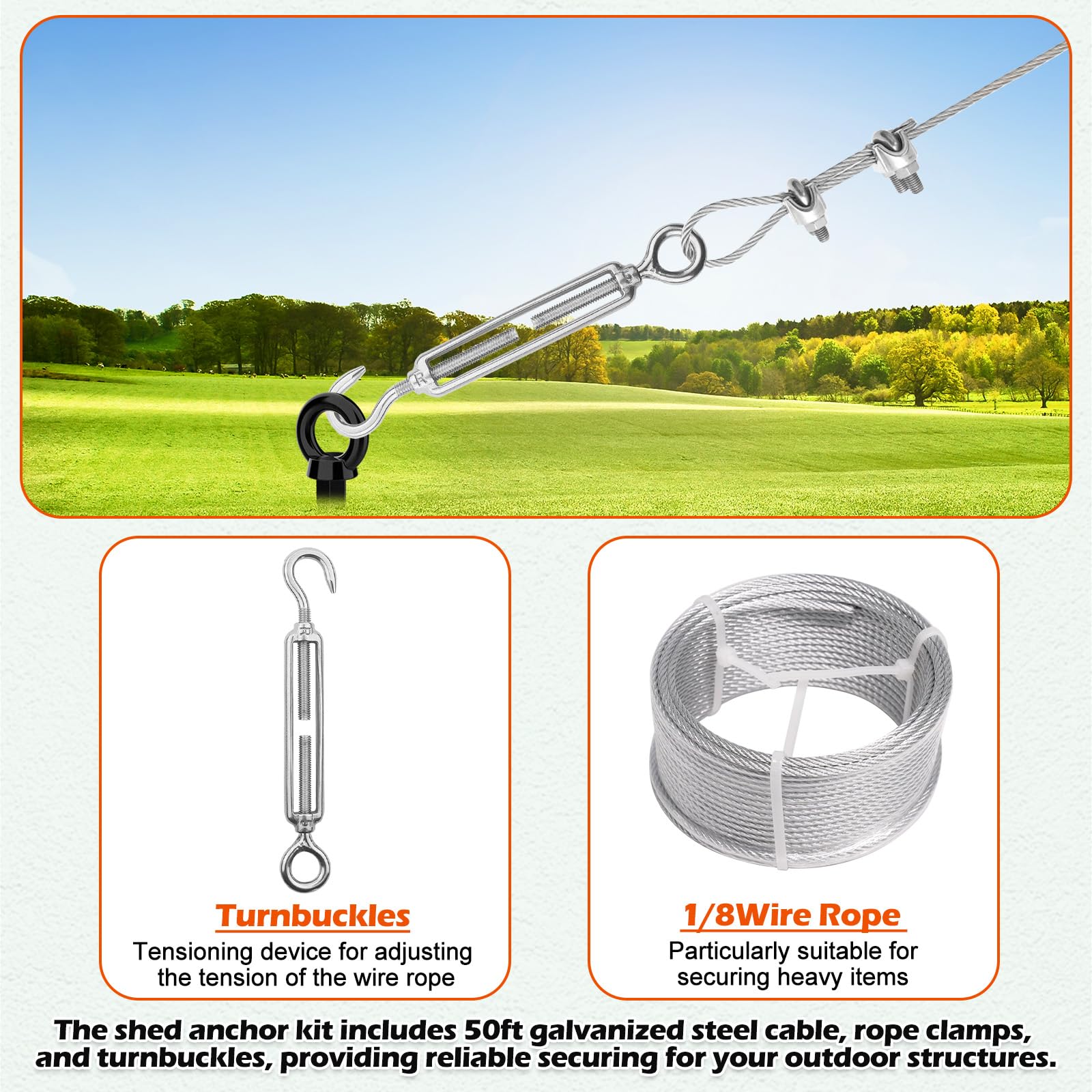 Juego de 4 anclajes de suelo de 18 pulgadas de largo con cable galvanizado de 1/8 pulgadas, tensores y mosquetones, anclajes de tierra resistentes para cobertizos, árboles, trampolín, invernadero,